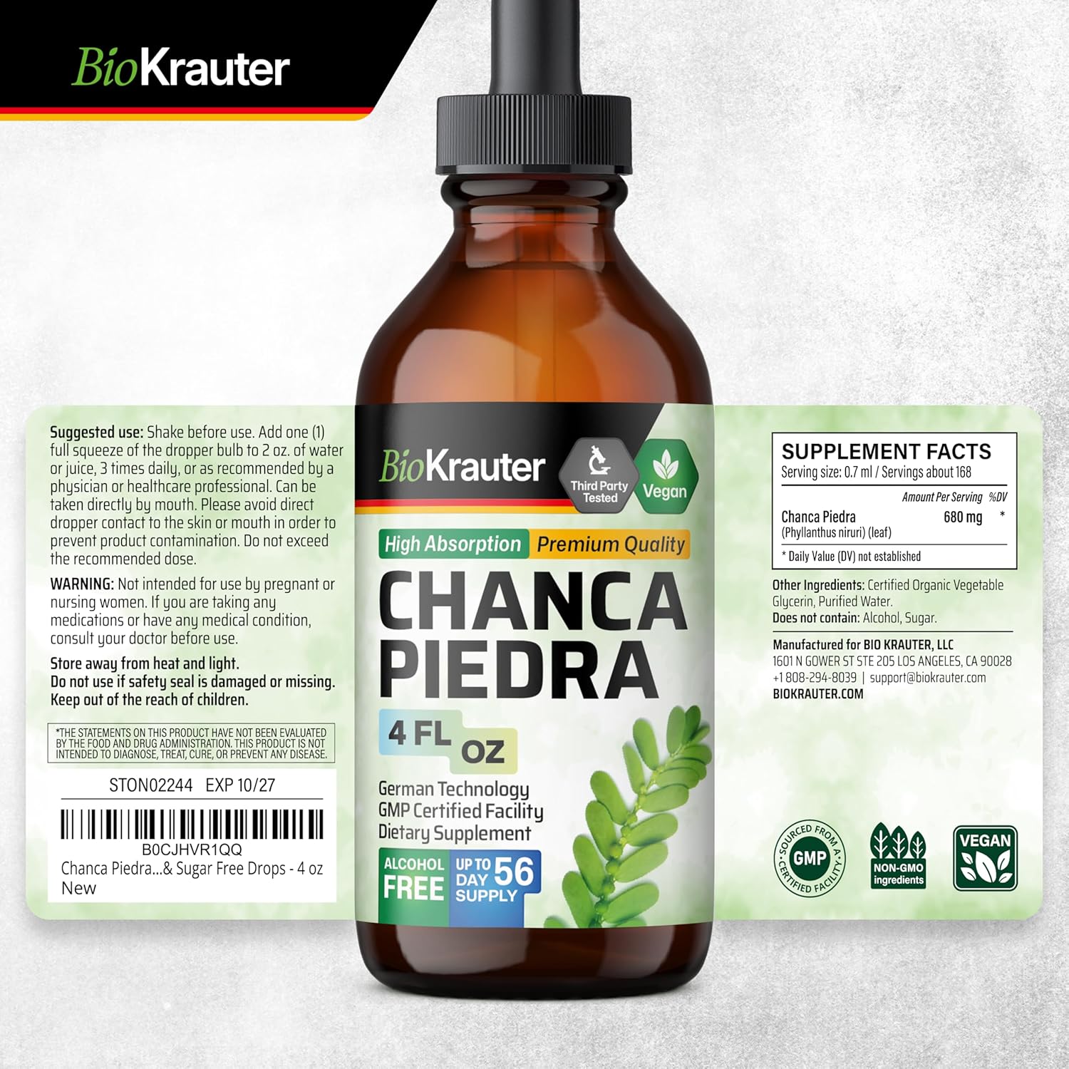 BIO KRAUTER Chanca Piedra Tincture - Natural Kidney Health Support Liquid - Chanca Piedra Stone Breaker & Gallbladder Cleanse Formula - Vegan, Alcohol & Sugar Free Drops - 4 oz - Image 9