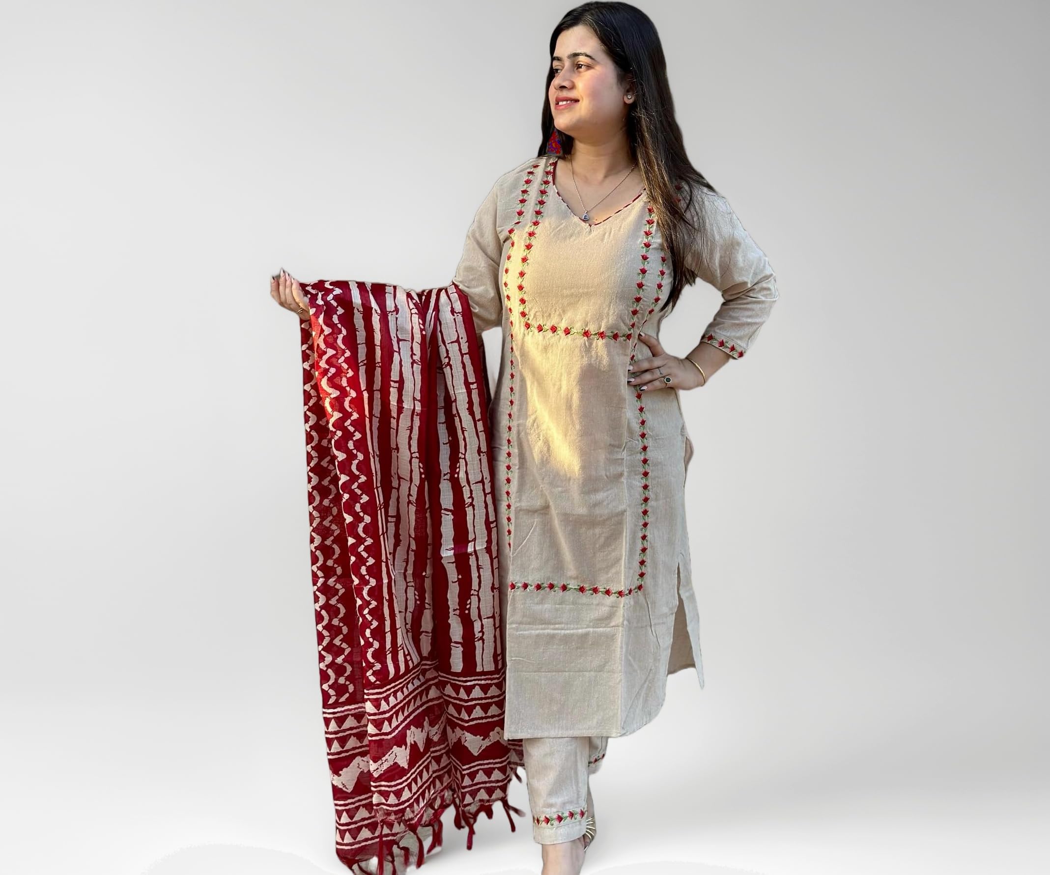 GoSriKi Women's Cotton Blend Straight Embroidered Kurta with Pant & Dupatta