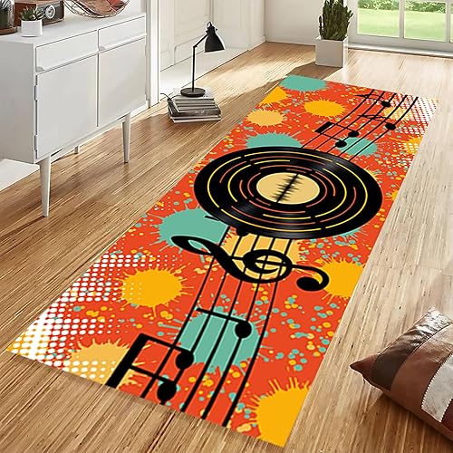 Miniatura 8 de Alfombra de pasillo de notas musicales, 2 x 7 pies, música retro, líneas melodías abstractas, a cuadros, alfombra musical de los años 80 y 90,