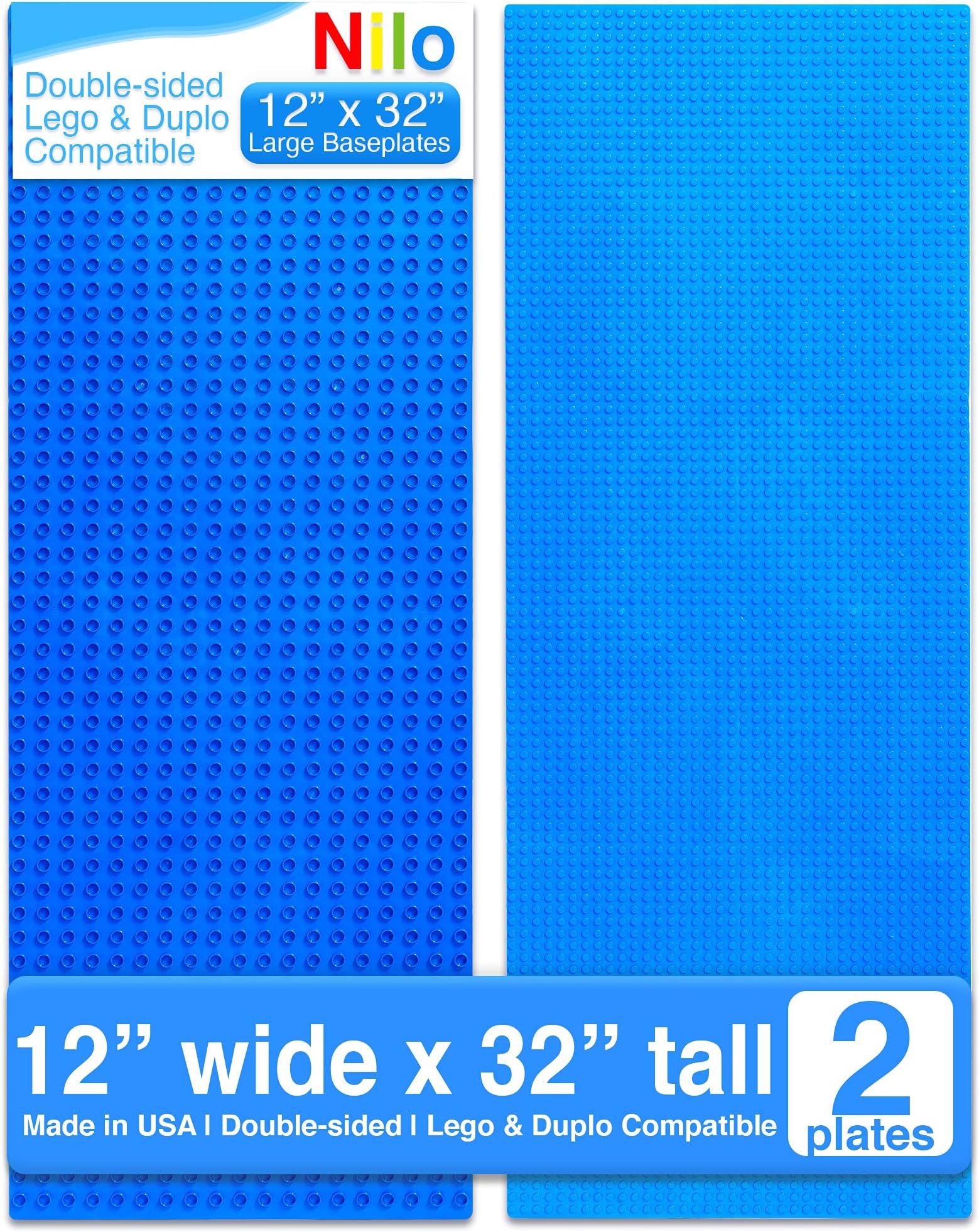 Classic Blue Baseplate, 2-Pack 12"x32" Double-Sided, Large Building Plates for Building Bricks 100% Compatible with All Major Brands