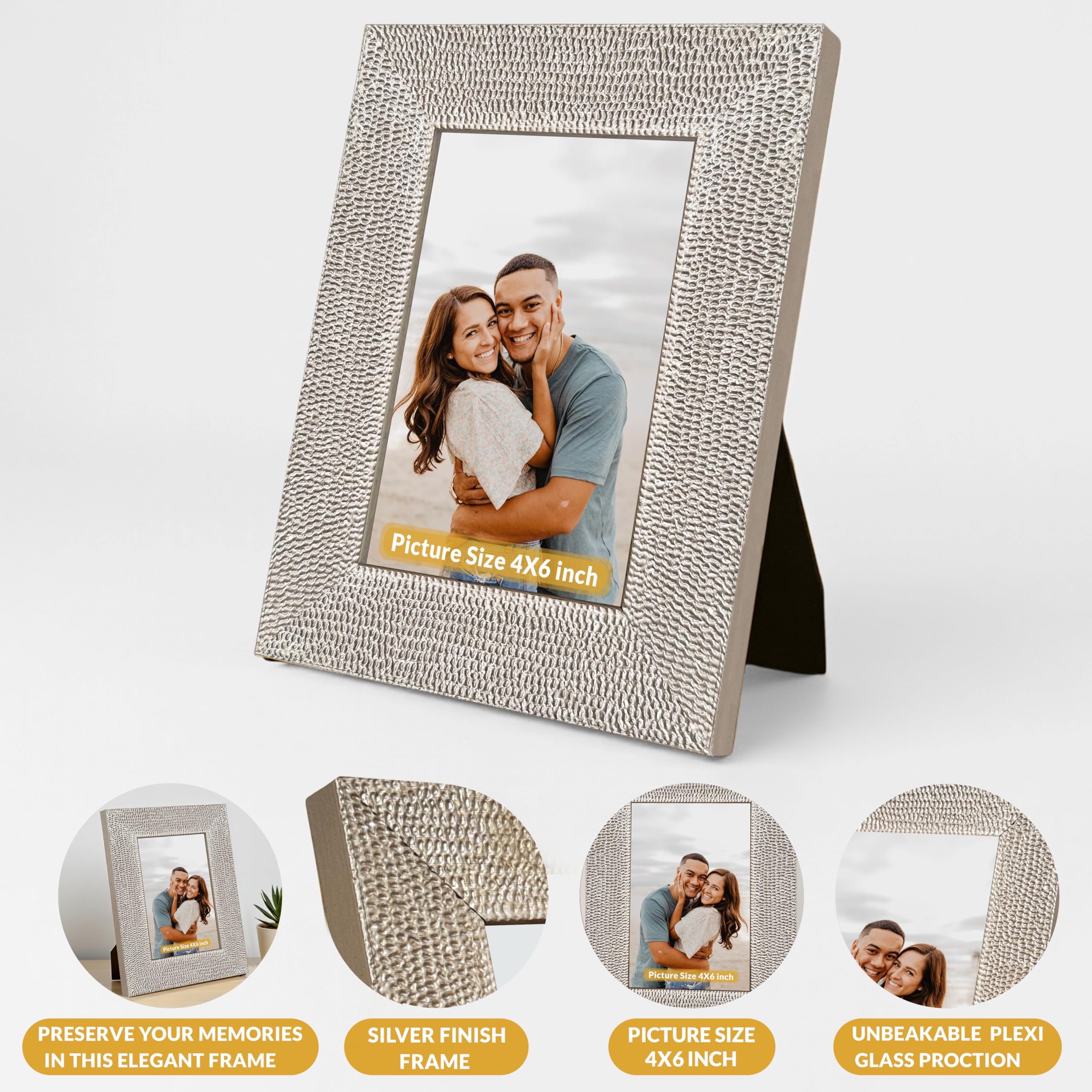 Art Street Table and Wall Photo Frame Textured Picture Frames Picture Frame, Silver Metal Look for 4x6 Photos Tabletop Photos for Home Décor, Wood Photo Frames for Wall and Table Decoration 10x15 cm 1