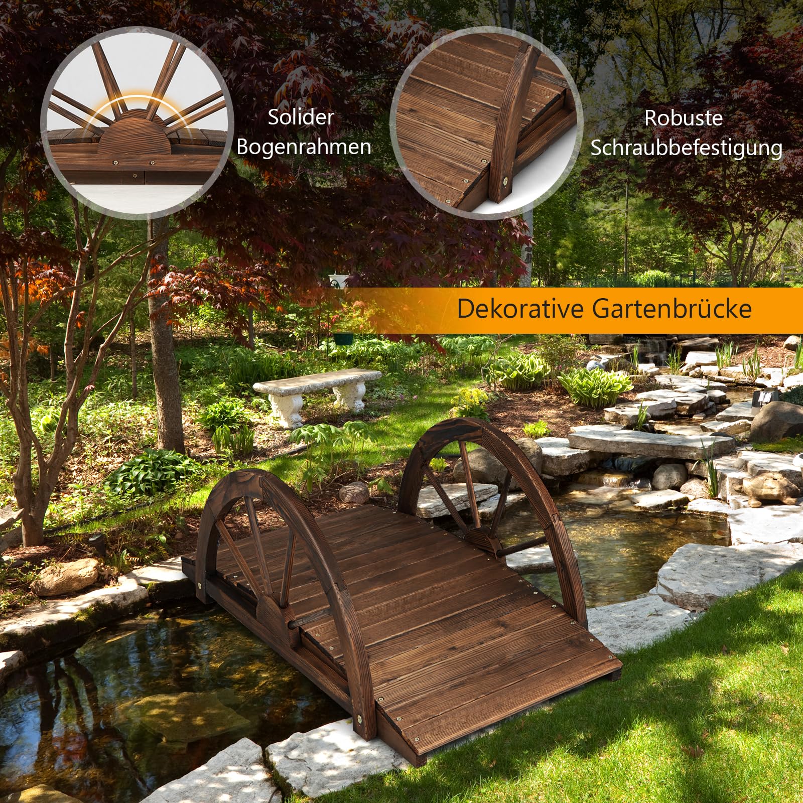 RELAX4LIFE Holzbrücke mit Halbradgeländer, Gartenbrücke Tannenholz, Teichbrücke bis 75 kg belastbar, Dekobrücke für Garten Teich Terrasse Hof, 101 x 48,5 x 38 cm, Dunkelbraun