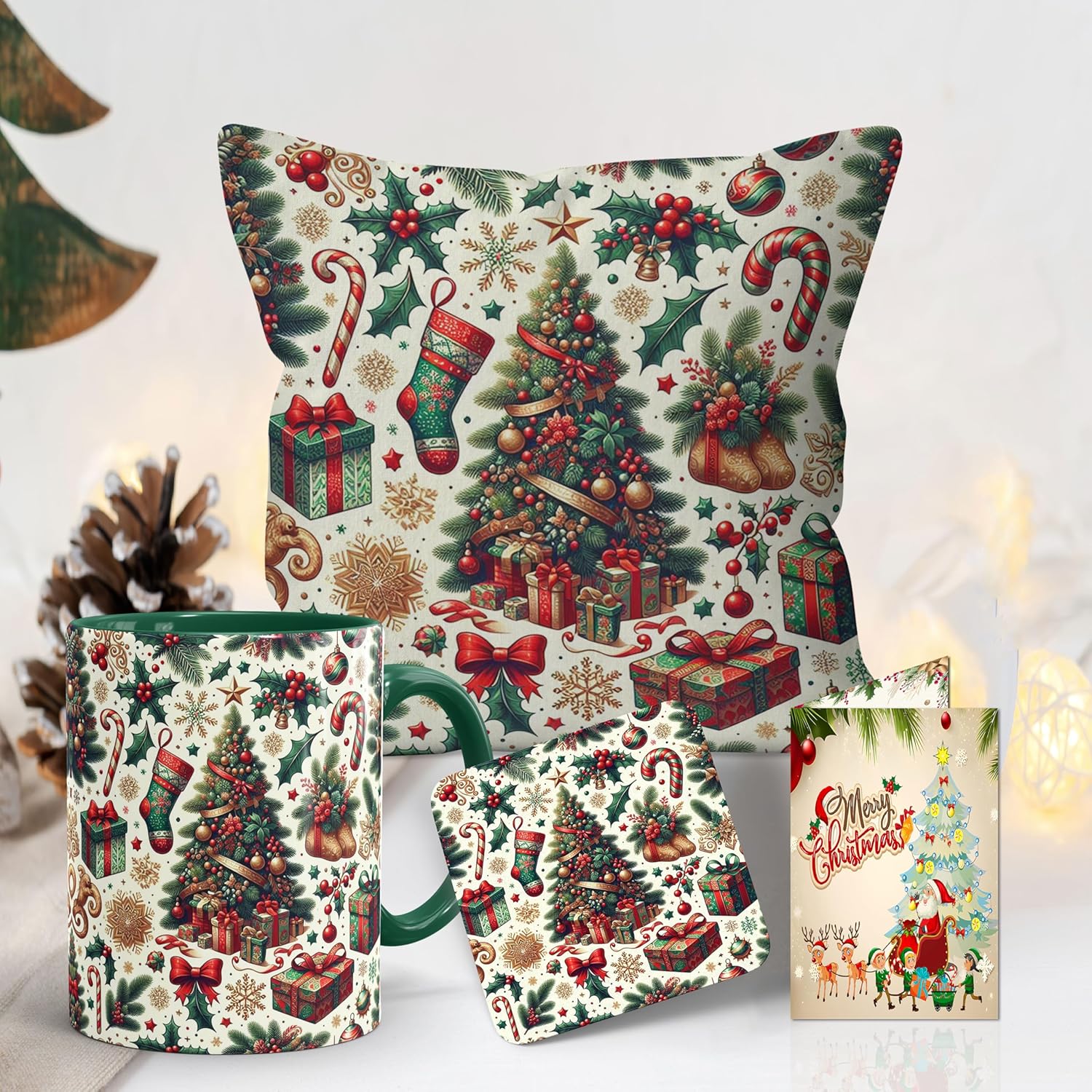 Merry Christmas Gift Combo with Mug & Cup, Cushion, Coaster and Greeting Card Pack of 4, 330ml | Best Gift for Christmas, Christamas Return Gift| Christmas Cushion and Mug (CM-18) Merry Christmas Gift Combo with Mug & Cup, Cushion, Coaster and Greeting Card Pack of 4, 330ml | Best Gift for Christmas, Christamas Return Gift| Christmas Cushion and Mug (CM-18)