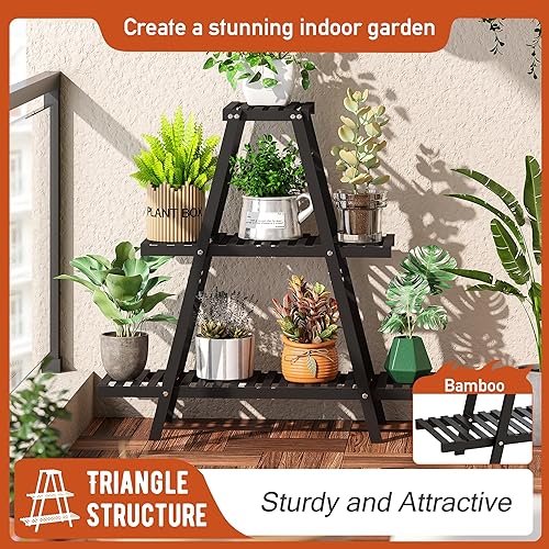 Miniatura 2 de GHWIE - Soporte para plantas de interior, estante de bambú para plantas de exterior, soporte de 3 niveles con escalera para flores, para sala de