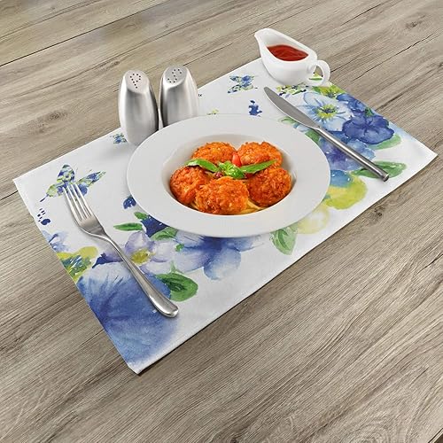 Miniatura 2 de Ambesonne Juego de 4 manteles individuales amarillos y azules, diseño de flores de primavera, flores vibrantes, manteles individuales de tela Azul