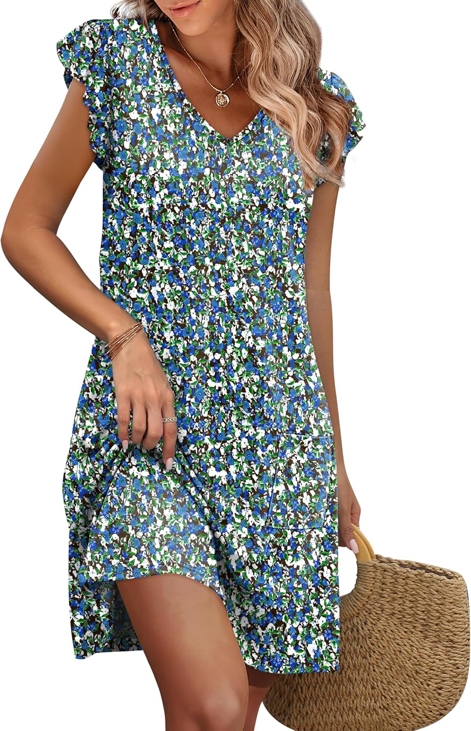 OFEEFAN Womens Summer Dresses 2026 Ruffle Sleeve V Neck Loose Swing Sundresses with Pockets Plain/Print - Image 2