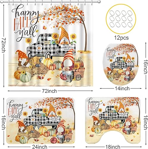 Miniatura 5 de Bonsai Tree Juego de 4 cortinas de ducha de otoño, decoración de baño de otoño, juegos de cortinas de ducha de gnomo con alfombras, juego de