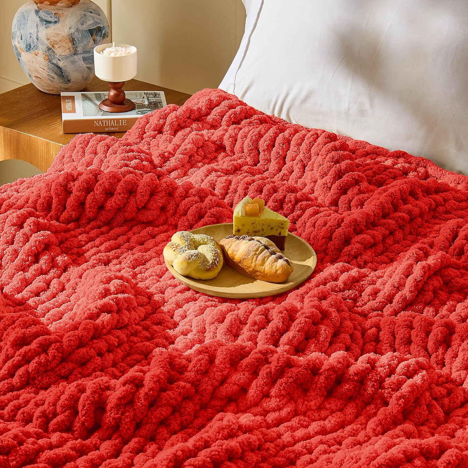 Inhand Classic Red Chunky Chenille Yarn for Hand Knitting,Thick Bulky Mom Blanket Yarn for Crocheting,Soft Fluffy Yarn for Mother’s Day Gifts and Crafts for Women/Grandma,8 Pack (29.5Yds/8.4oz Each)