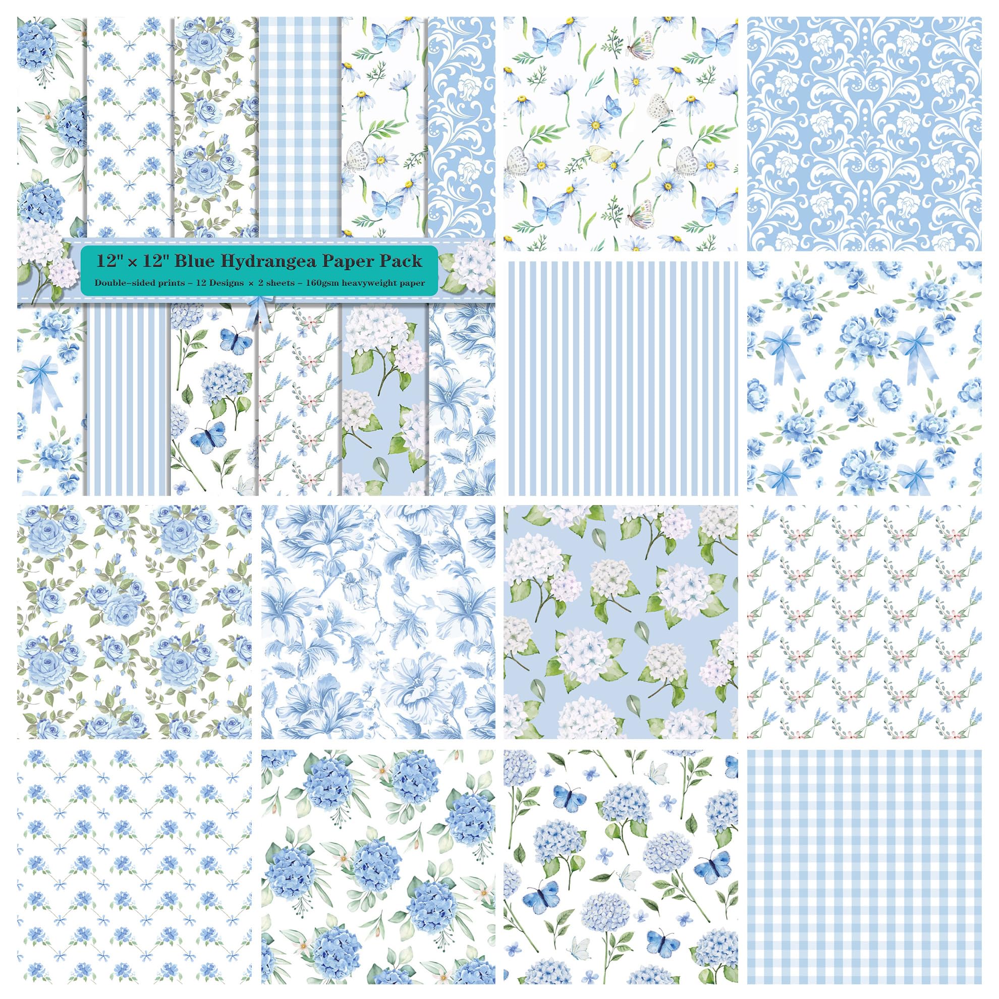 Papier do scrapbookingu, 12"x12", 24 arkusze dwustronnego papieru kartonowego, 160 g/m2, papier dekoracyjny o dużej gramaturze do dekoracji albumów ze zdjęciami - 12 wzorów