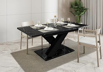 Extendable Dining Table, Black Royal Marble Effect, 140-180x80x75 cm