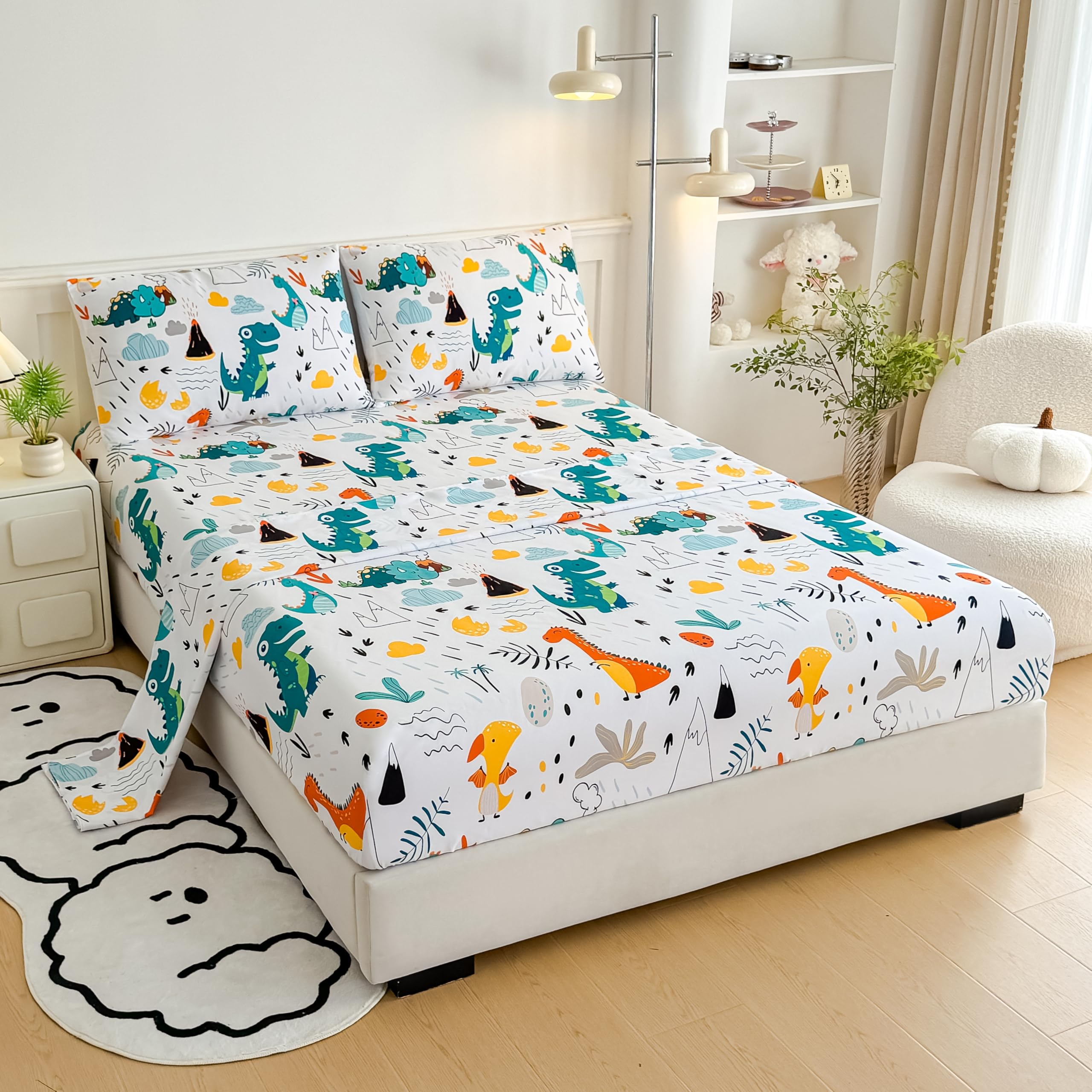 MWMWMW Dinosaur Full Bed Sheets Kids Boys 4 Pieces Boys Sheets Sets Full Dinosaur Printed Microfiber Deep Pocket
