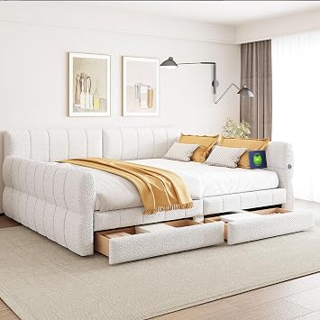 Upholstered Queen Size Daybed Frame with Drawers & USB Port, White | Day Bed Frame with Underneath Storage, Wooden Slats Support, No Box Spring Required, Adults, Kids, Boys, Girls, Space Saving