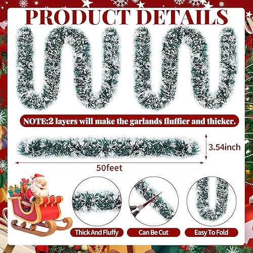 Miniatura 2 de Guirnalda de árbol de Navidad de 50 pies con puntas brillantes de escarcha, guirnalda de oropel metálica nevada, serpentinas brillantes para árbol