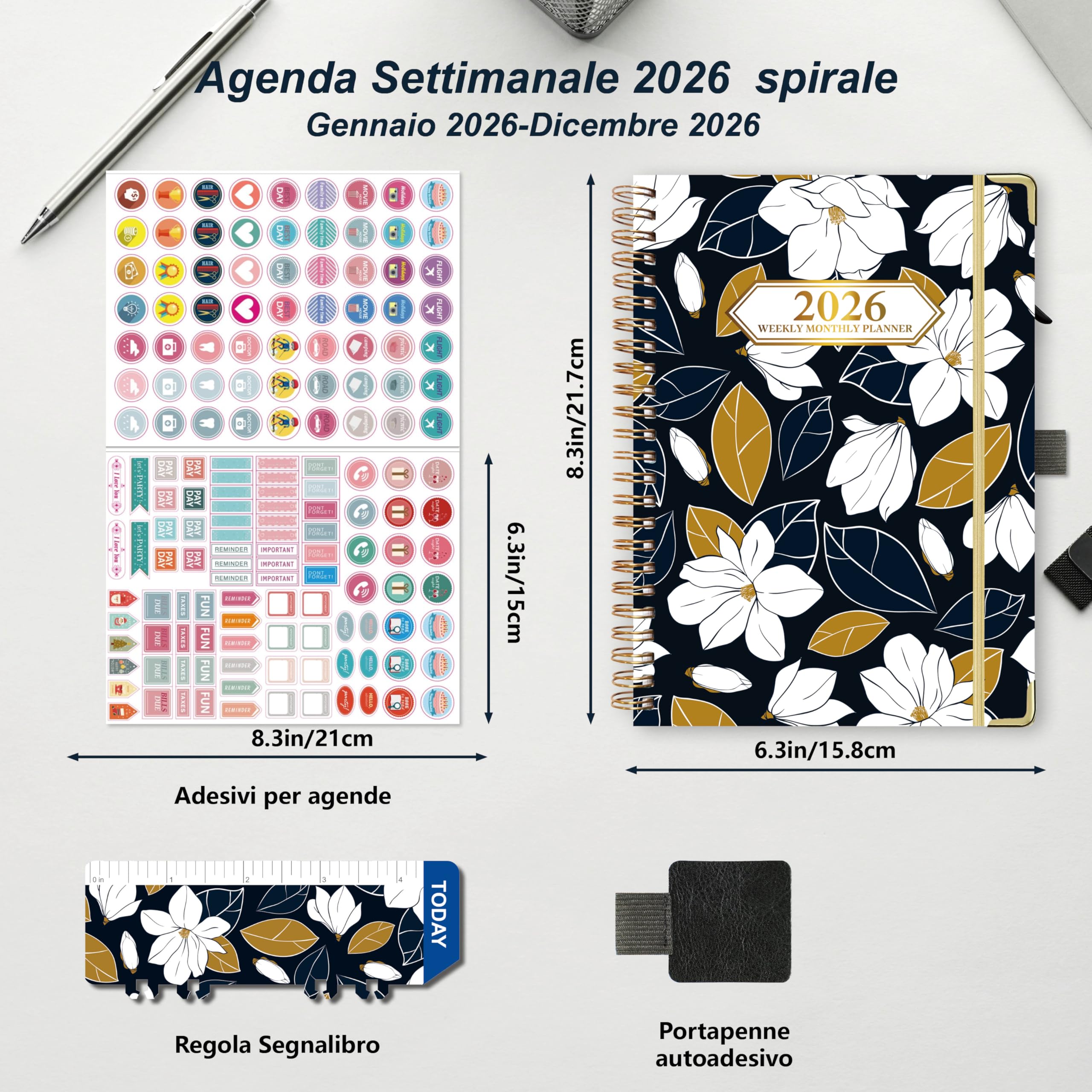 NEYSA Agenda 2026 Settimanale spirale, Diario Scuola A5 Da gennaio a dicembre 2026 (12 mesi) agenda scolastica con passante per penna, righello segnalibro e adesivi - 21,7 X 15,8 cm (Nero)