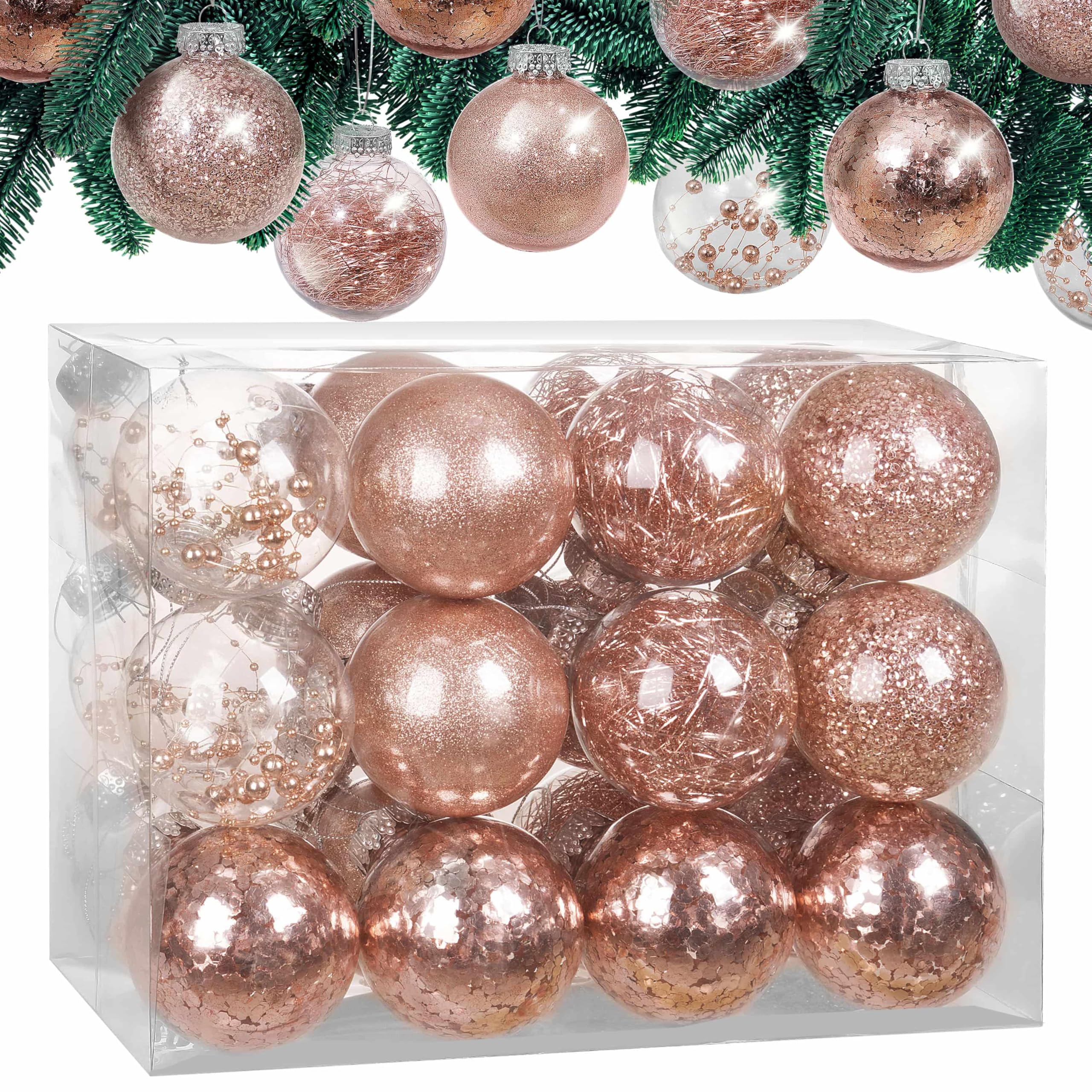 Casaria Rose Gold Casaria® 24 Clear Fillable Baubles Balls With Decorations Filling Included | Customisable Bauble Set For Tree, Christmas Decorations, Halloween Decorations | Best Christmas Tree | Gold Rose Pink Red