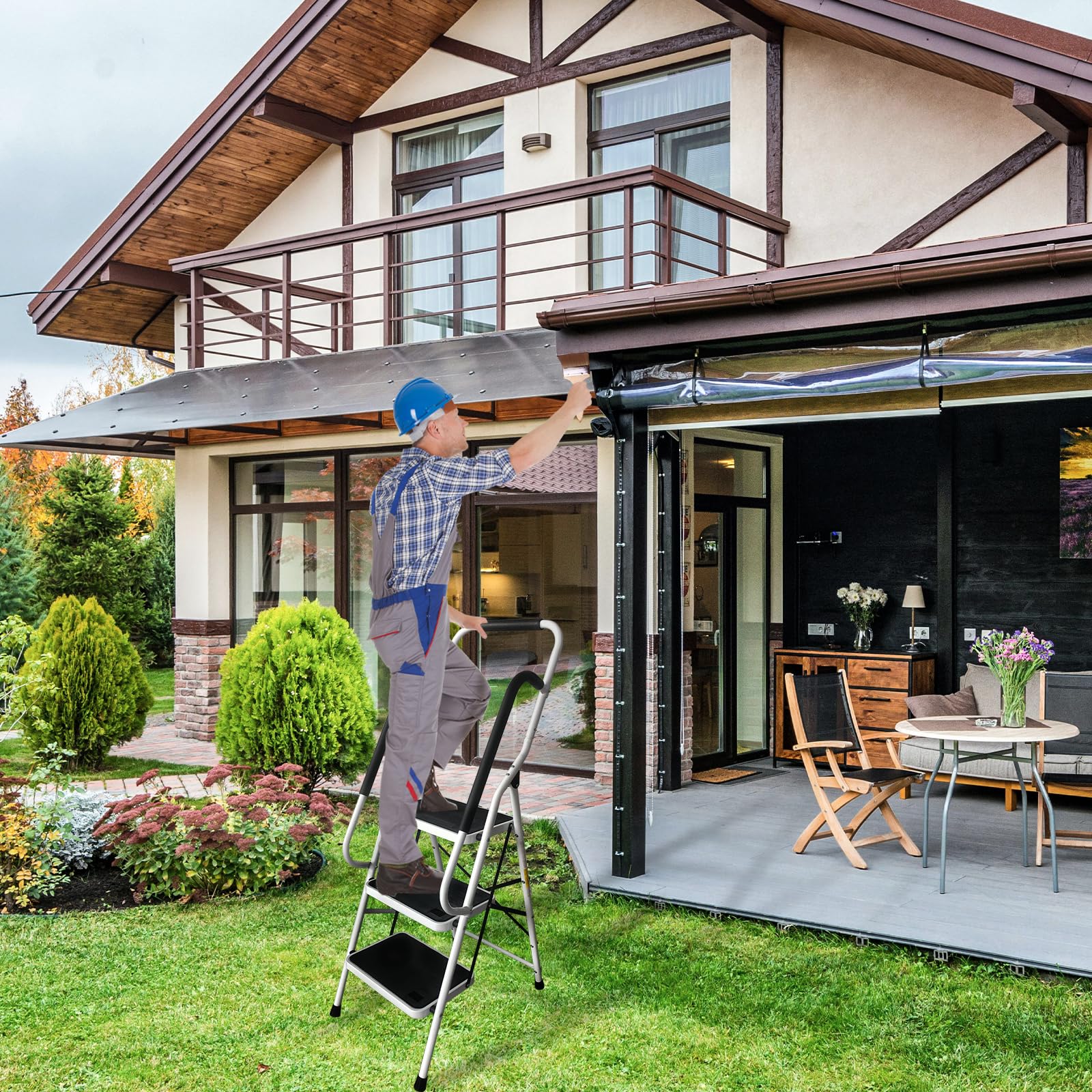 Trittleiter 3 Stufen klappbar,Klappleiter mit Haltegriff, Leiter mit Anti-Rutsch-Stufen, einfach zu verstauen, bis 150 kg belastbar, aus Stahl für Haushalt, Garten & DIY