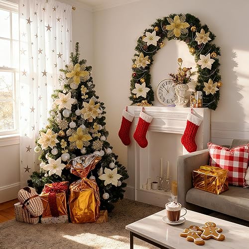 Miniatura 6 de Juego de 59 piezas de decoración para árbol de Navidad, adornos dorados a granel con copos de nieve colgantes con purpurina, flores de pascua