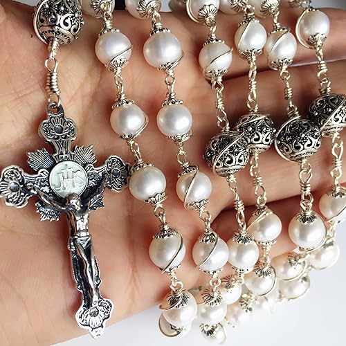 Miniatura 7 de elegantmedical Alambre envuelto Bali 925 perlas de perlas de plata esterlina rosario collar cruz, Plata esterlina