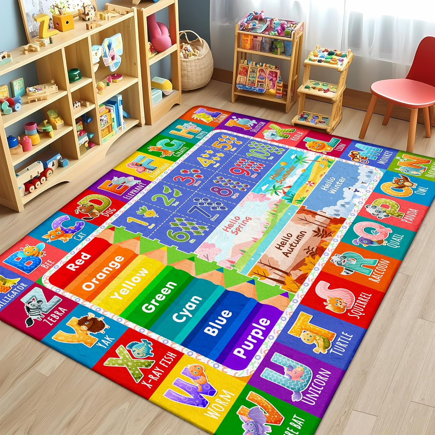 Educational Kids Rug – 3x5 Feet ABC Alphabet with Animals, Numbers, Colors & Seasons Toddler's Playmat – Soft Washable Non-Slip Learning Carpet for Toddlers, Preschool & Classroom