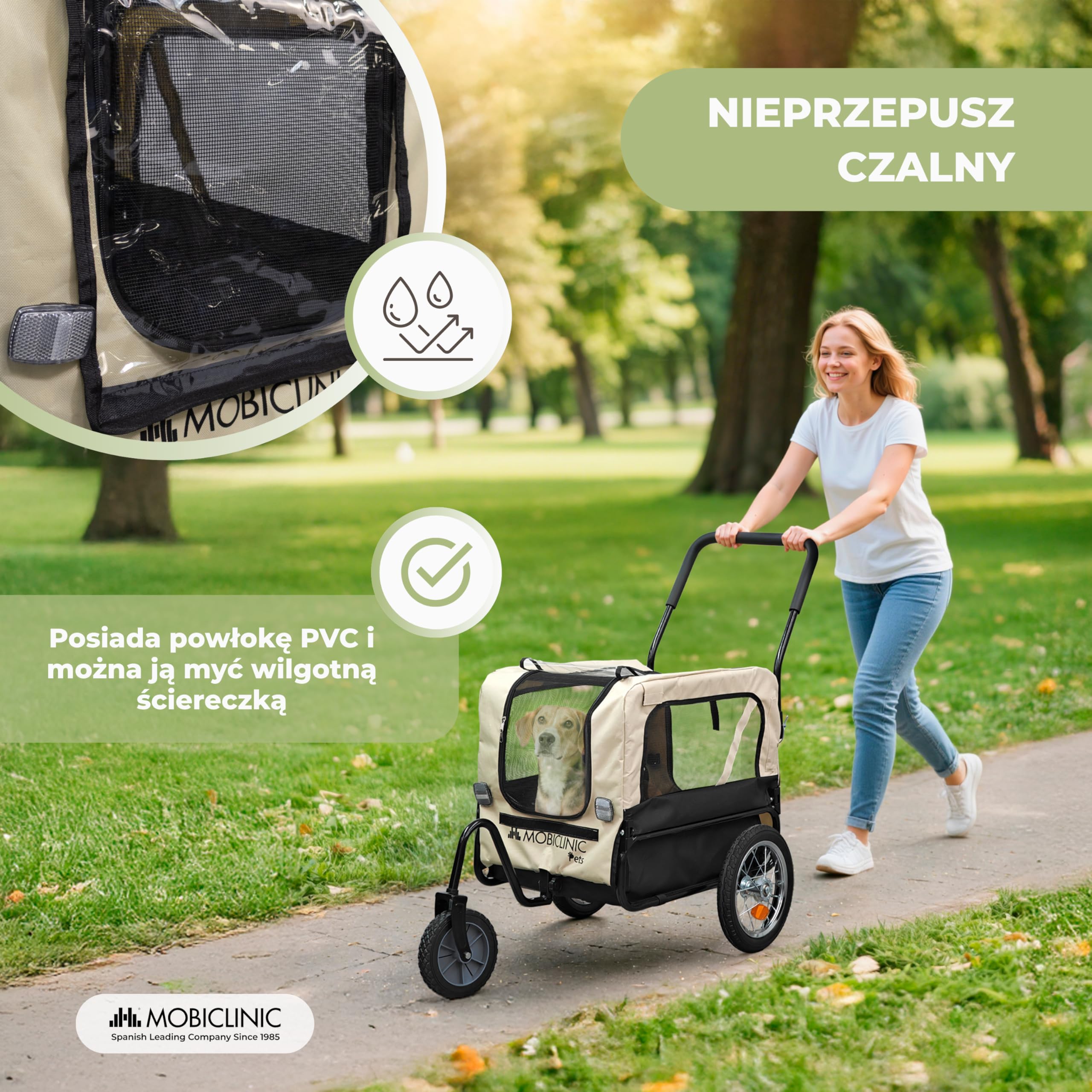 Mobiclinic®, Przyczepka Rowerowa dla Psa + Wózek Transportowy, 2 w 1, Do 40 kg, Wodoodporna Osłona, 123x67x100 cm, Flaga i Odblaski, Oxford 600D, dla Psów Małych i średnich