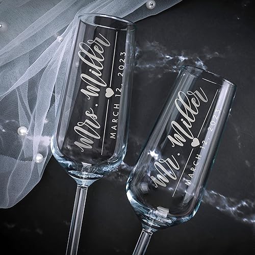 Miniatura 7 de Personalized Wedding Champagne Flutes for Bride and Groom - Set of 2, 9 Designs - Champagne Glasses for Engagement with Last Name and Date, Mr & Mrs