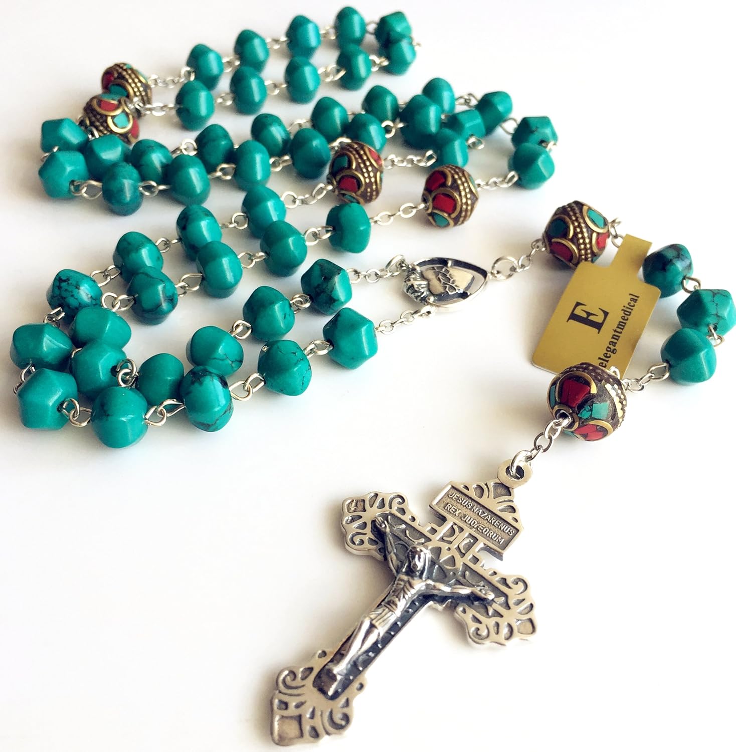 elegantmedical Turquoise TIBET COPPER BEADS STERLING 925 SILVER ROSARY NECKLACE Catholic - Image 4
