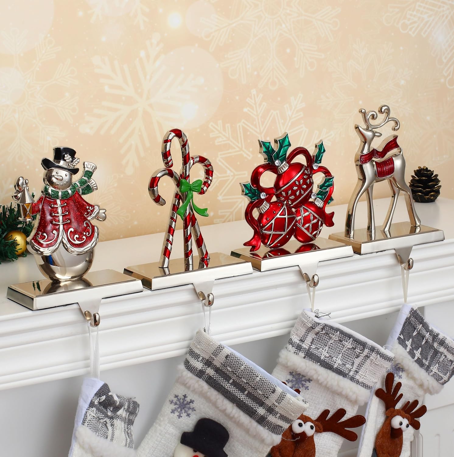 Set of 4 Christmas Stocking Holders for Mantel,Deer Snowman Stocking Hangers for Fireplace Candy Cane Holder Hanger for Stocking/Garland,Metal Stocking Hooks for Xmas Decoration (Christmas Set)