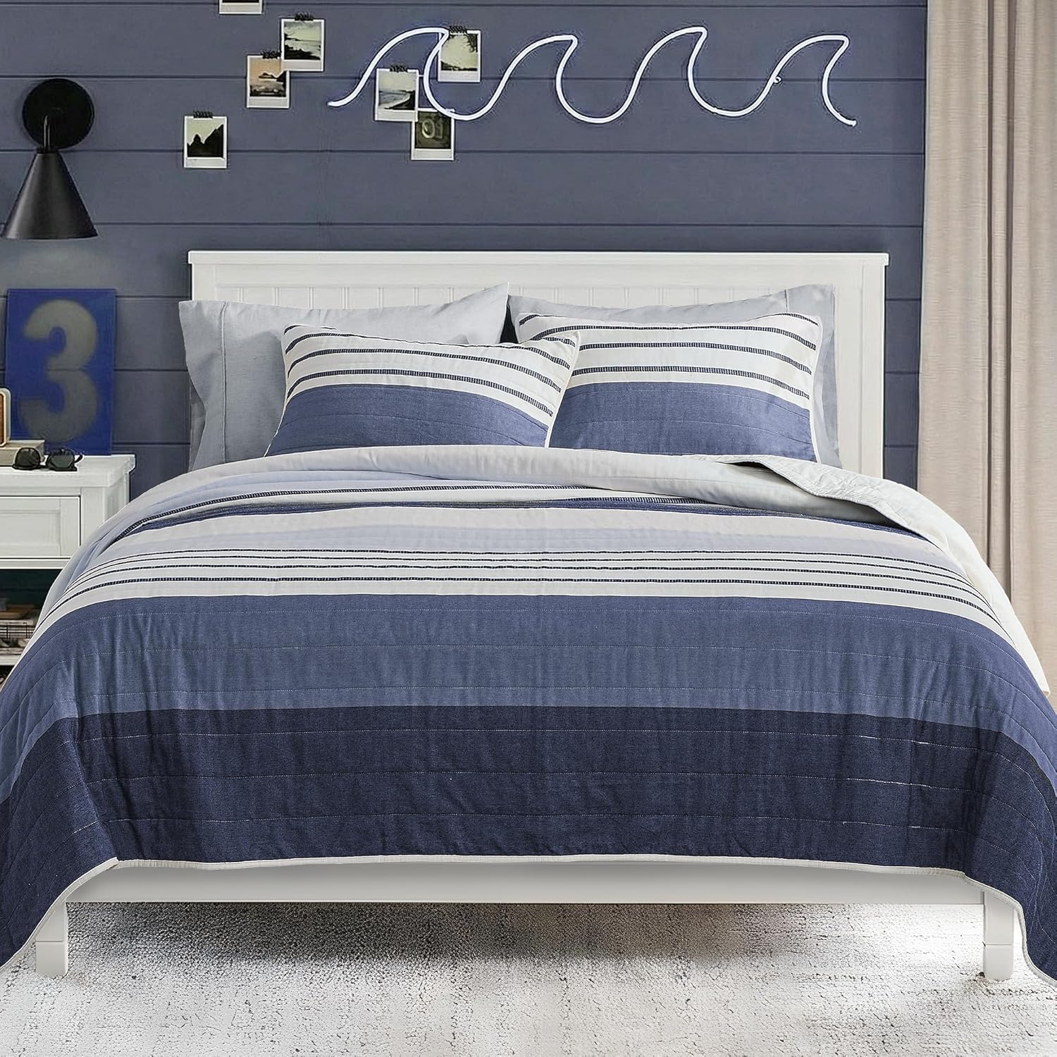 Wonderful 100% Cotton Quilt Set Queen, Breathable & Skin-Friendly Cozy Soft Natural Quilt, 3 Piece Blue Classic Stripe Yarn Dyed Lightweight Comforter Bedspread with Pillow Shams | Safe Sleep, All Season Use, Machine Washable, Hypoallergenic, Pre-Washed