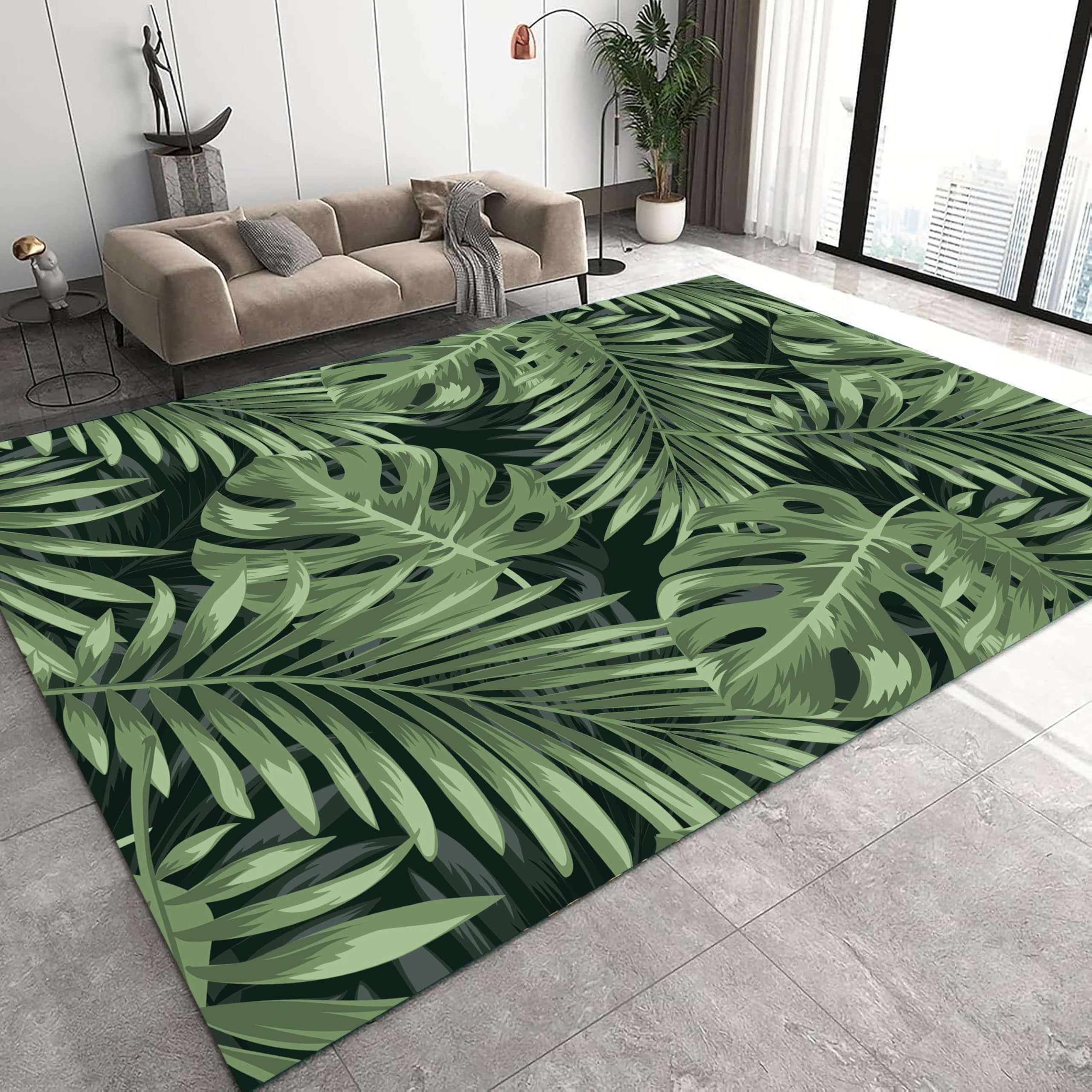 ZCLRUG Jungle Palm Leaf Area Rug, 60x90cm, Tropical Plants Floral Rugs, Machine Washable Nature Style Floor Mats, Non-slip Backing Front Door Mat, Lightweight Soft Carpet for Garden Bedroom
