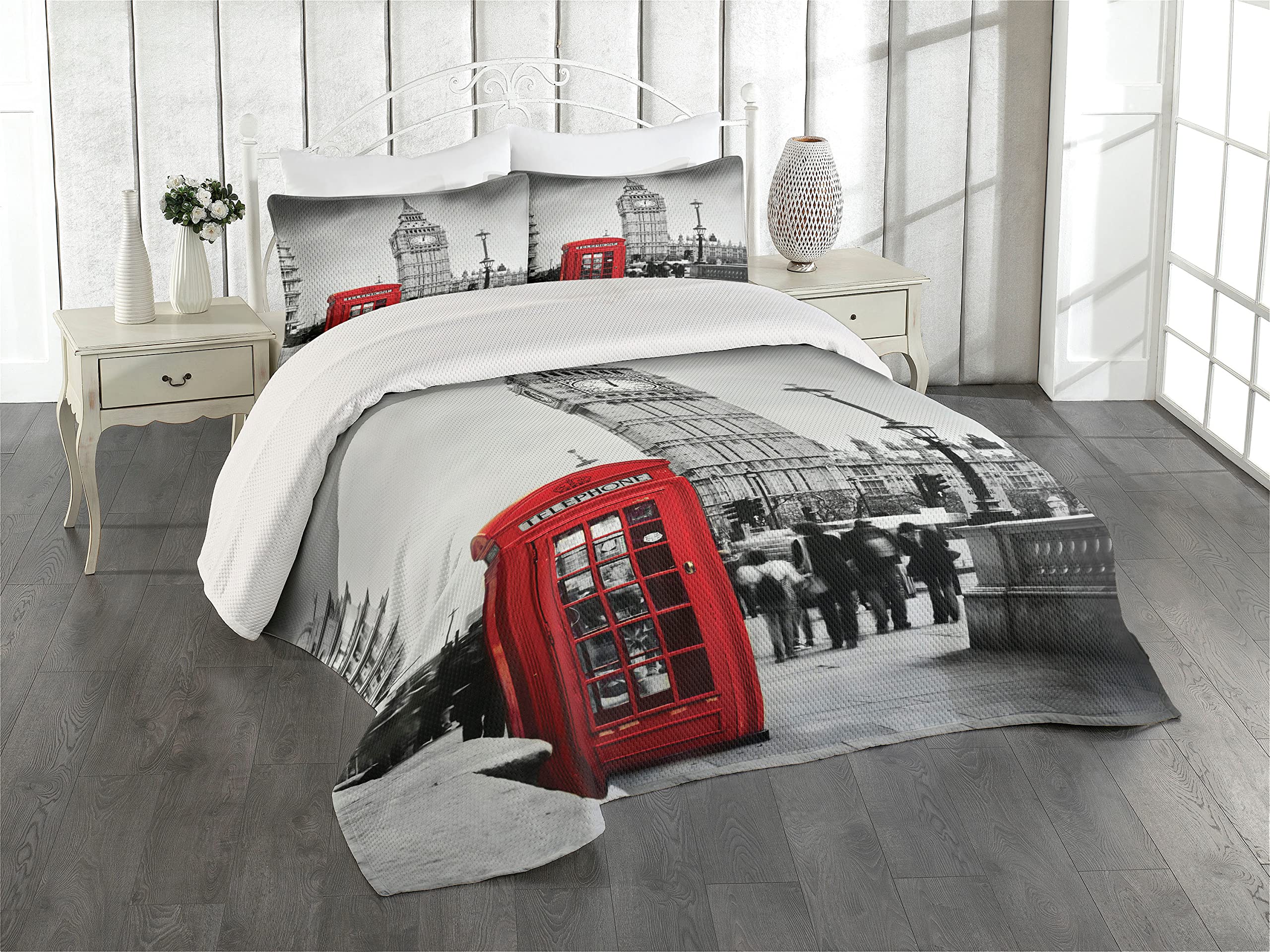 Ambesonne London Coverlet, Famous Telephone Booth and The Big Ben in England Street View of Town Retro, 3 Piece Decorative Quilted Bedspread Set with 2 Pillow Shams, Queen Size, Red Grey