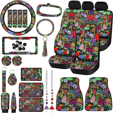 Fabbay 26 Pcs Mushroom Car Seat Covers Set with Seats Protectors Steering Wheel Cover Seat Belt Cover Floor Mat Armrest Cushion Key Chains Auto Interior Accessories for Women(Forest)