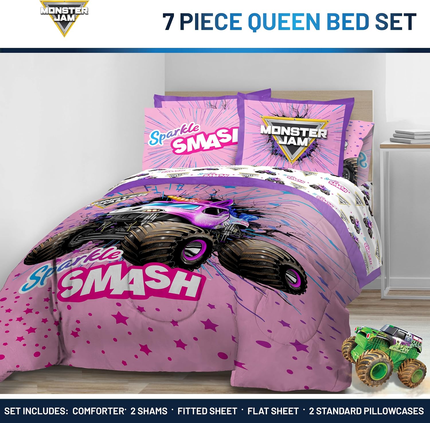Jay Franco Kids Comforter Set Includes Sheets and Pillow Covers - Soft and Cozy Bed Set for Stylish Room Decor, Pink - Monster Jam, 7 Piece Queen Bedding