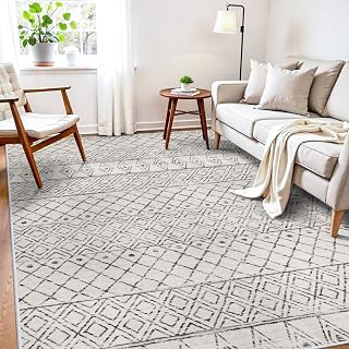 7x9 Geometric Grey Moroccan Washable Rug:Non Slip Area Rug Living Room | Pet Friendly Stain Resistant Modern Boho Carpets with Rubber Backing for Bedroom Soft Low Pile Rug
