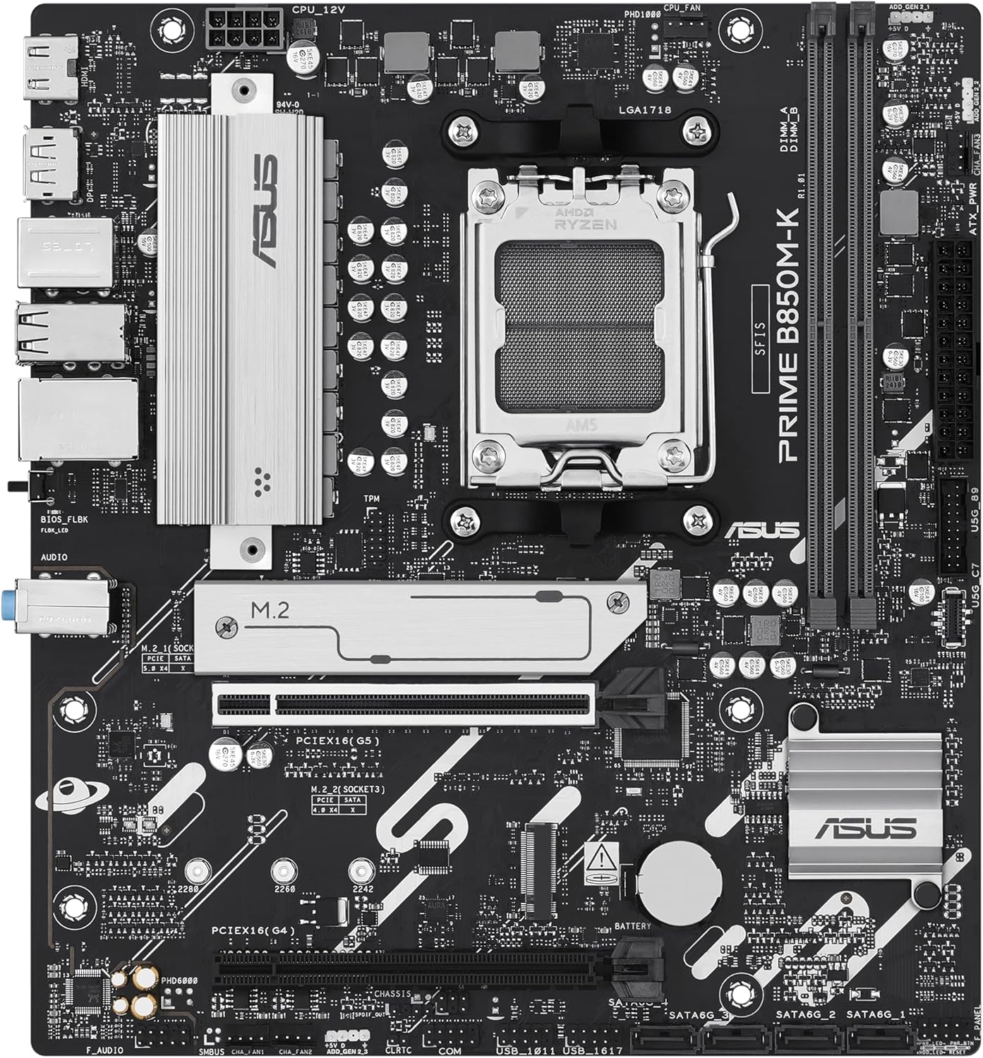 Von oben nach unten view of ASUS Prime B850M-K Motherboard components