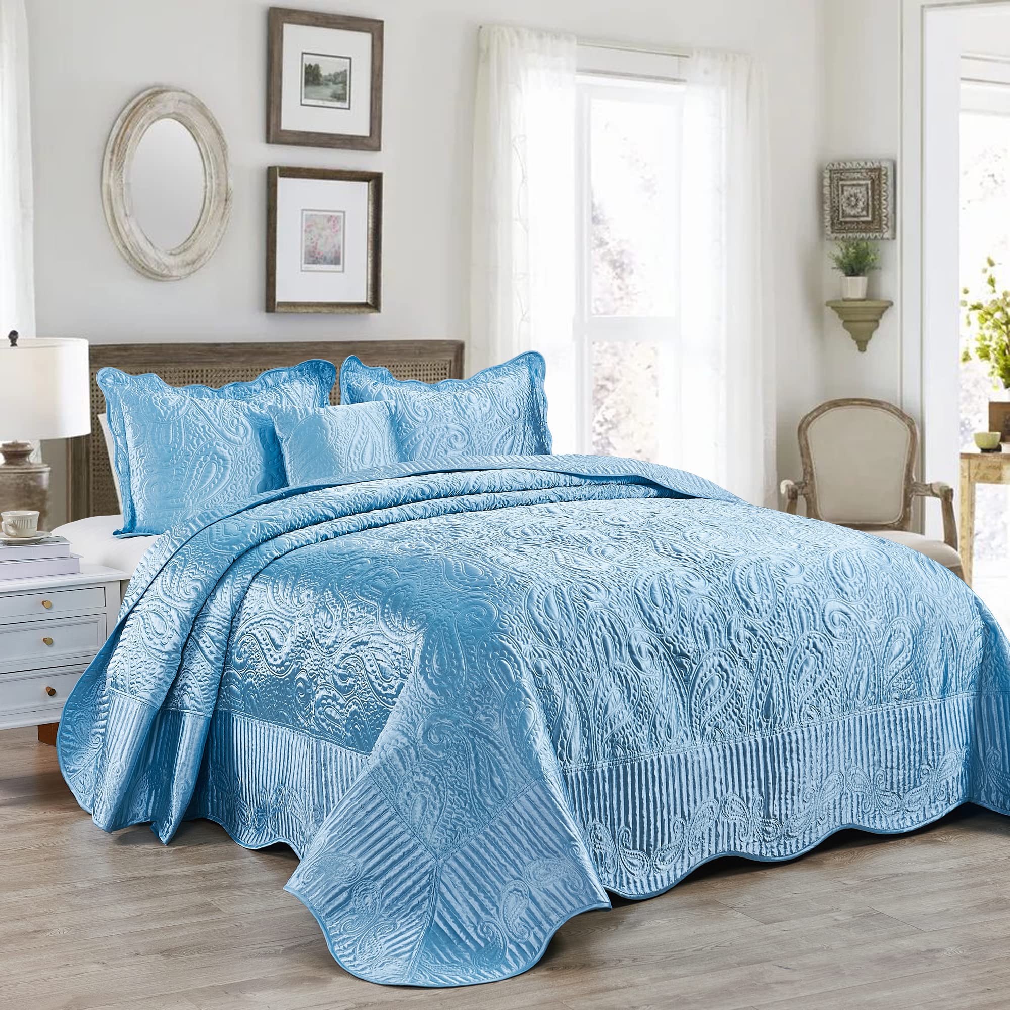 HESTIN 4 Piece Satin Paisley Pattern Quilt, Soft Lightweight Coverlet with Scalloped Edge, Luxury Bedding Set with Beautiful Stitching for All Season,