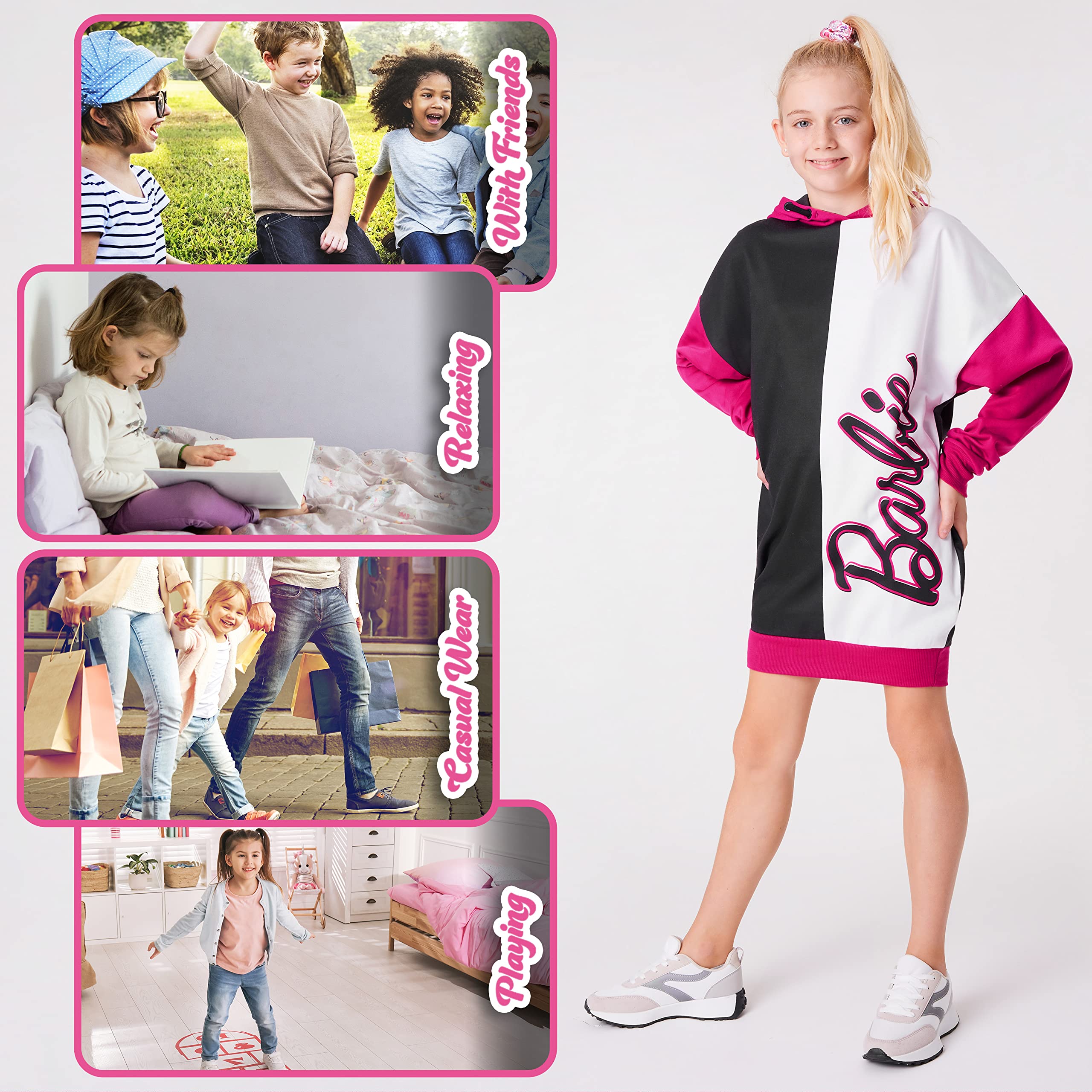 Barbie Bluza sukienka dla dziewcząt, nastolatków, oversize, przytulna sukienka z kapturem, sweter, wielobarwny, 4-5 lat