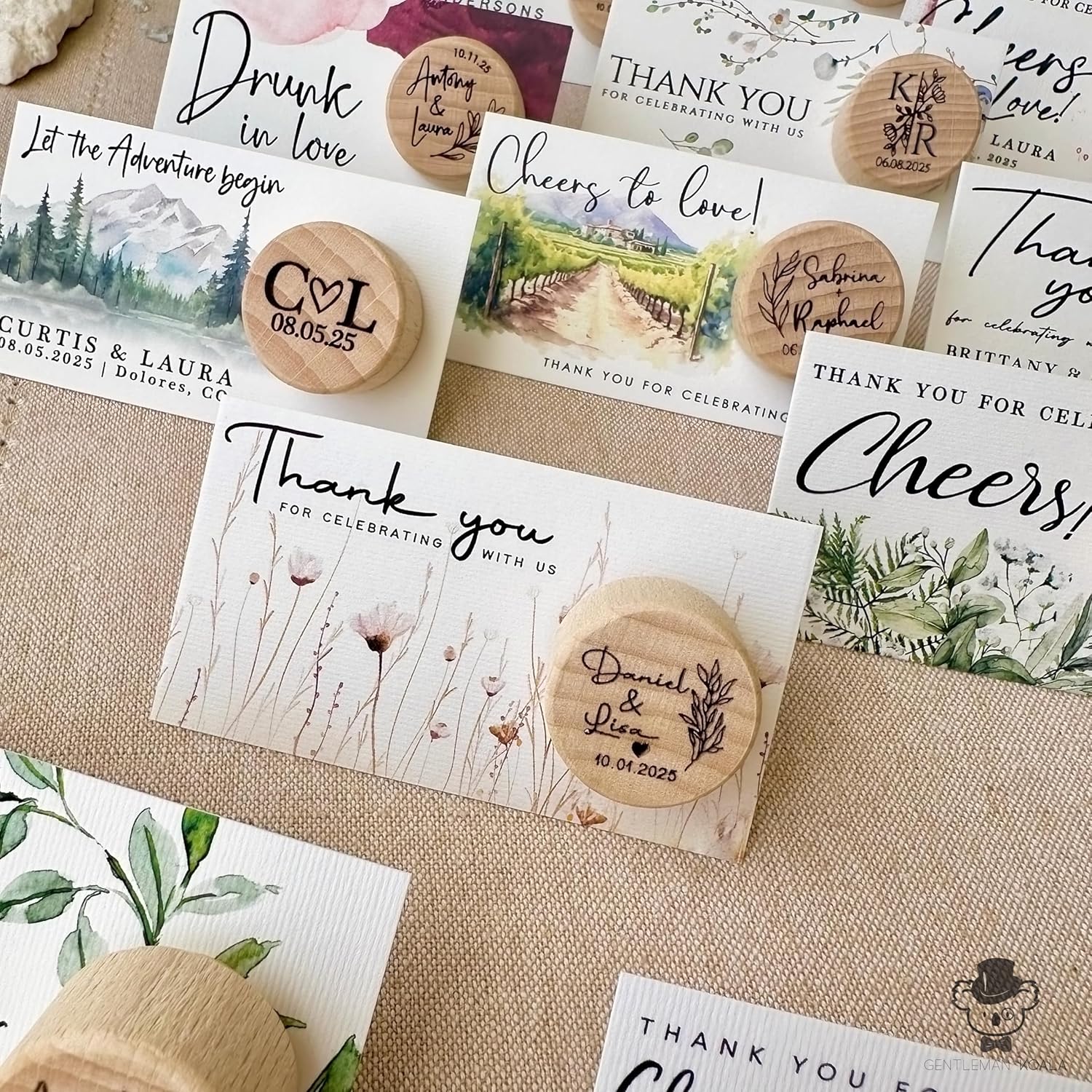 Personalized Bulk Wedding Favors, Wine Bottle Stopper with Thank You Card, Baptism Favor with Organza Bags, Bridal Shower and Birthday Party Gift, Customized Wine Corks, Engraved Wine Caps with Tags