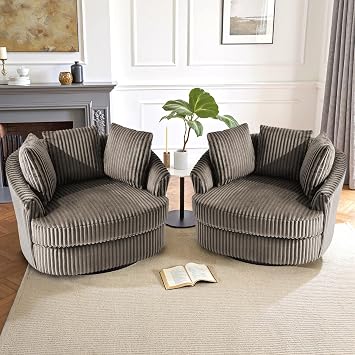 43" W Oversized Swivel Accent Chairs Set of 2, Faux Fur Round Barrel Chair Comfy Upholstered Armchair for Living Room, Chaise Lounge Indoor Single Sofa Reading Seat - Dark Camel