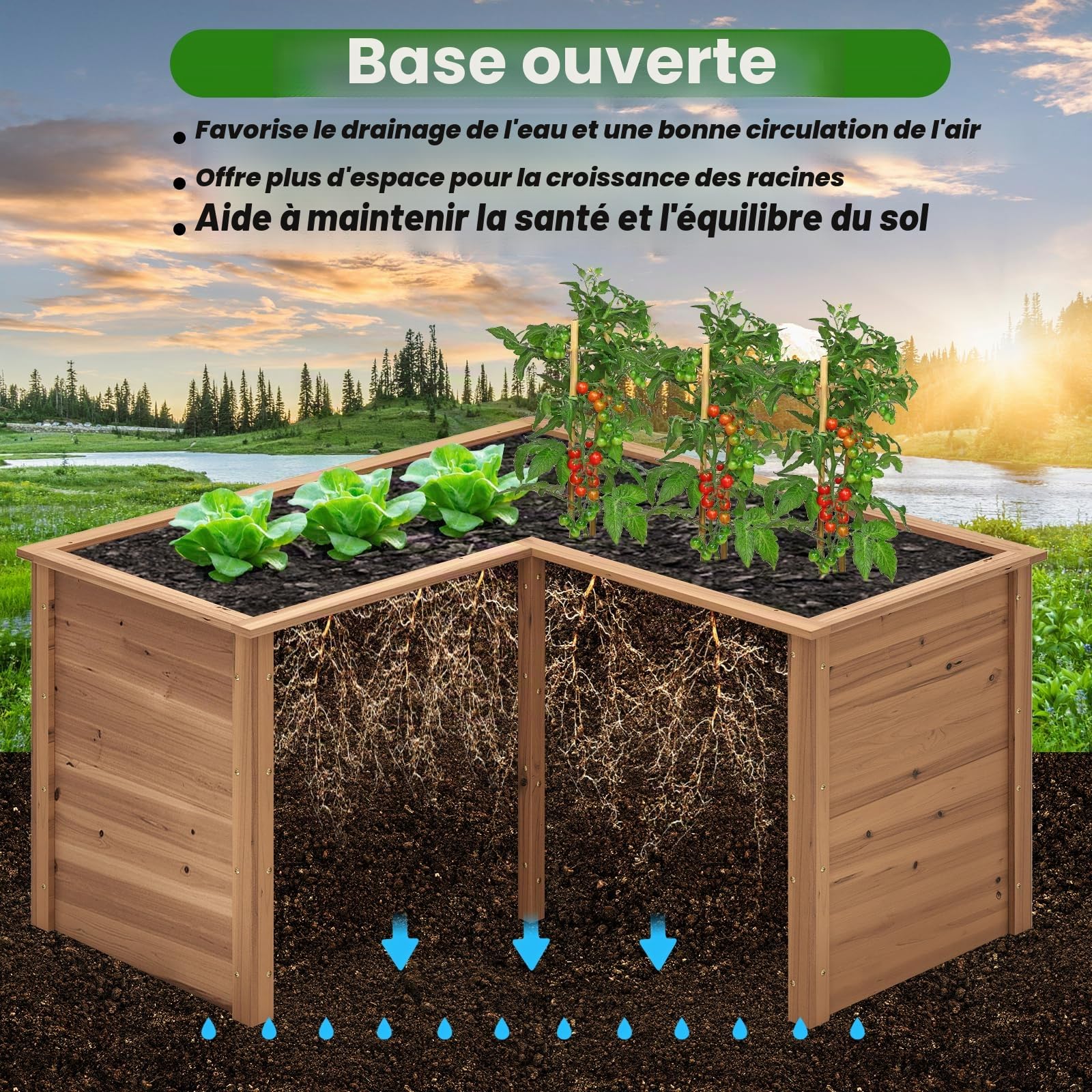 HOMASIS Jardinière surélevée en bois en forme de L - Jardinière avec fond ouvert - Jardinière pour jardin, balcon, terrasse, potager, parterre de fleurs pour légumes, herbes, fruits (marron)