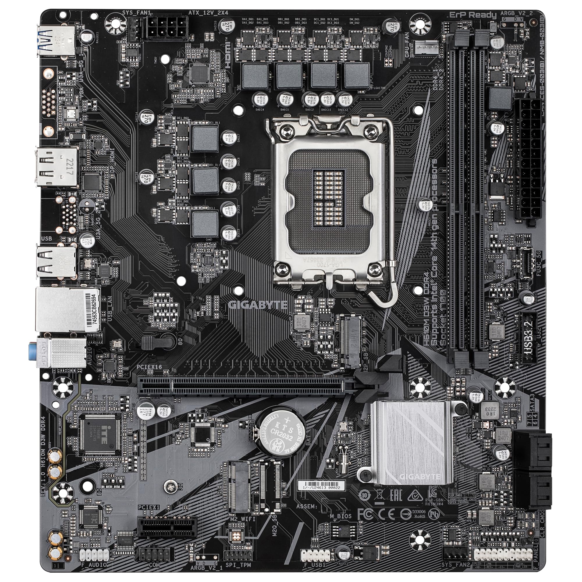GIGABYTE H610M D3W DDR4 Scheda madre - Supporta CPU Intel Core di 14a generazione, VRM a 5+1+1 fasi, fino a 3200 MHz DDR4, 1xPCIe 3.0 M.2, LAN 1 GbE, USB 3.2 Gen 1