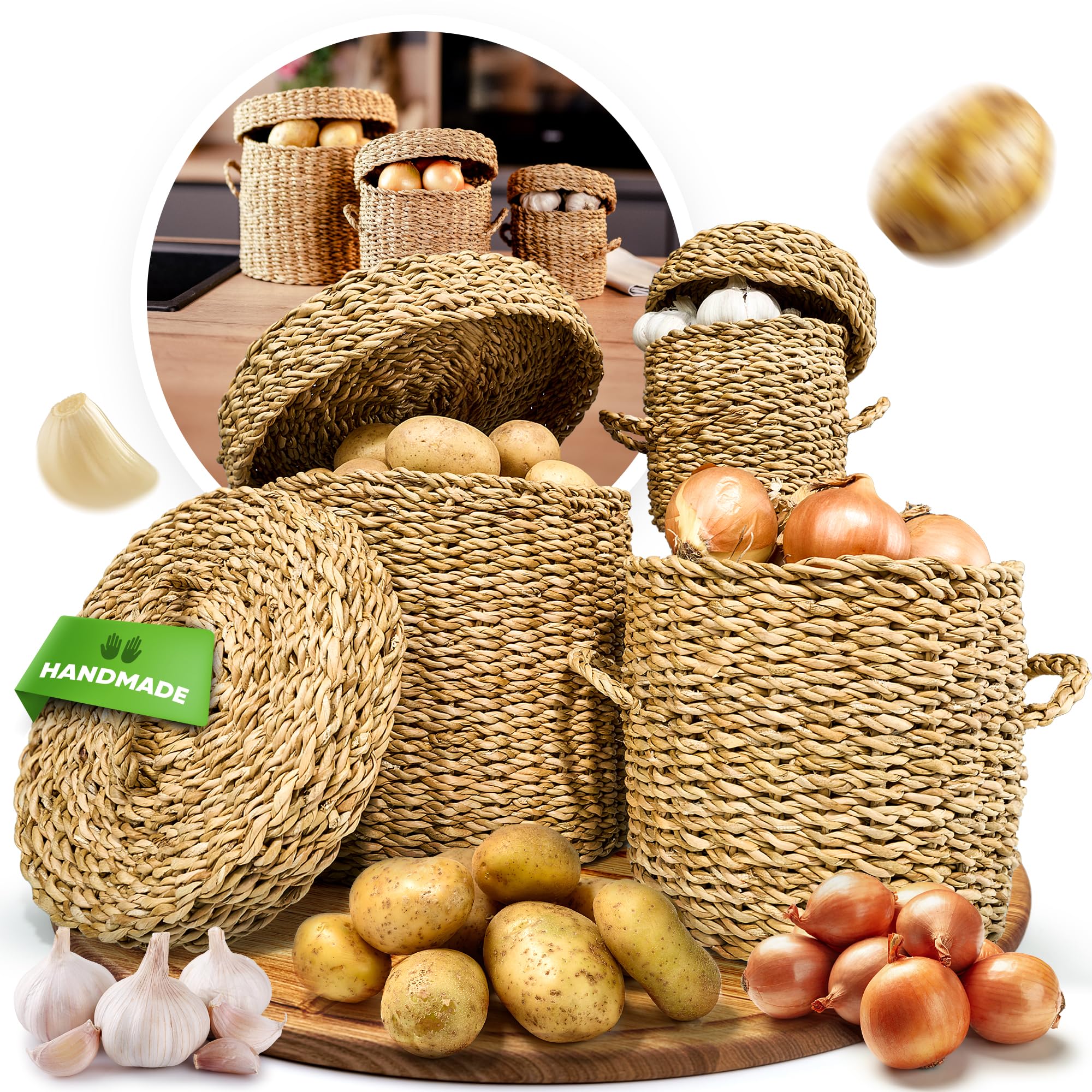 Kartoffel Aufbewahrung 3er Set aus Seegras - Zwiebel & Knoblauch Aufbewahrung - Nachhaltiger Gemüsekorb für Küche & Vorratsraum - Handgefertigt & Plastikfrei