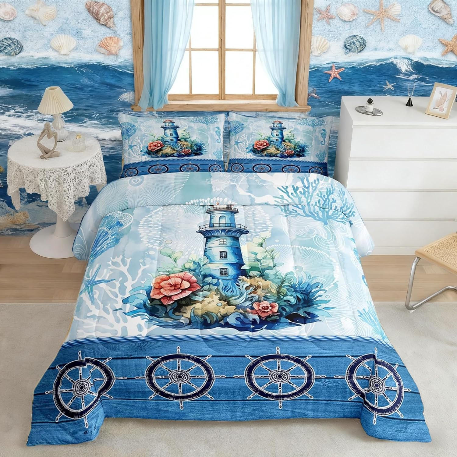 Castle Fairy Lighthouse Full Size Comforter Set,Watercolor Floral Coral Starfish Shell Bedding Comforters Bedroom Collection,Rudder Sea Blue Rustic Farm Board Bedding Set for Girls Teens