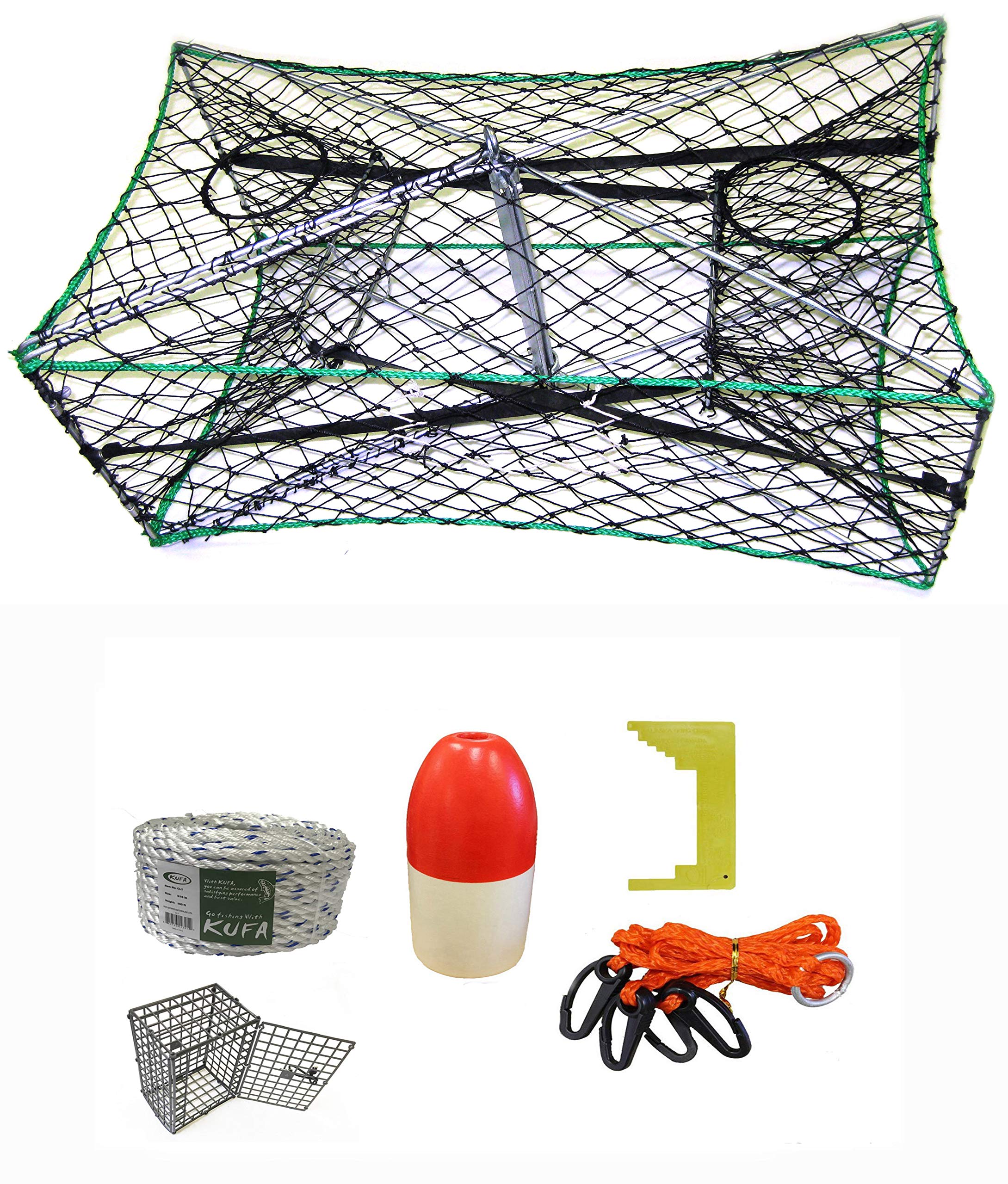 KUFA Galvanized Foldable Crab Trap & Accessory Kit (5/16" x100' Non-leaded Sinking Rope, Caliper,Harness,Bait Bag & 11" Red/White Float) S33+CEM1