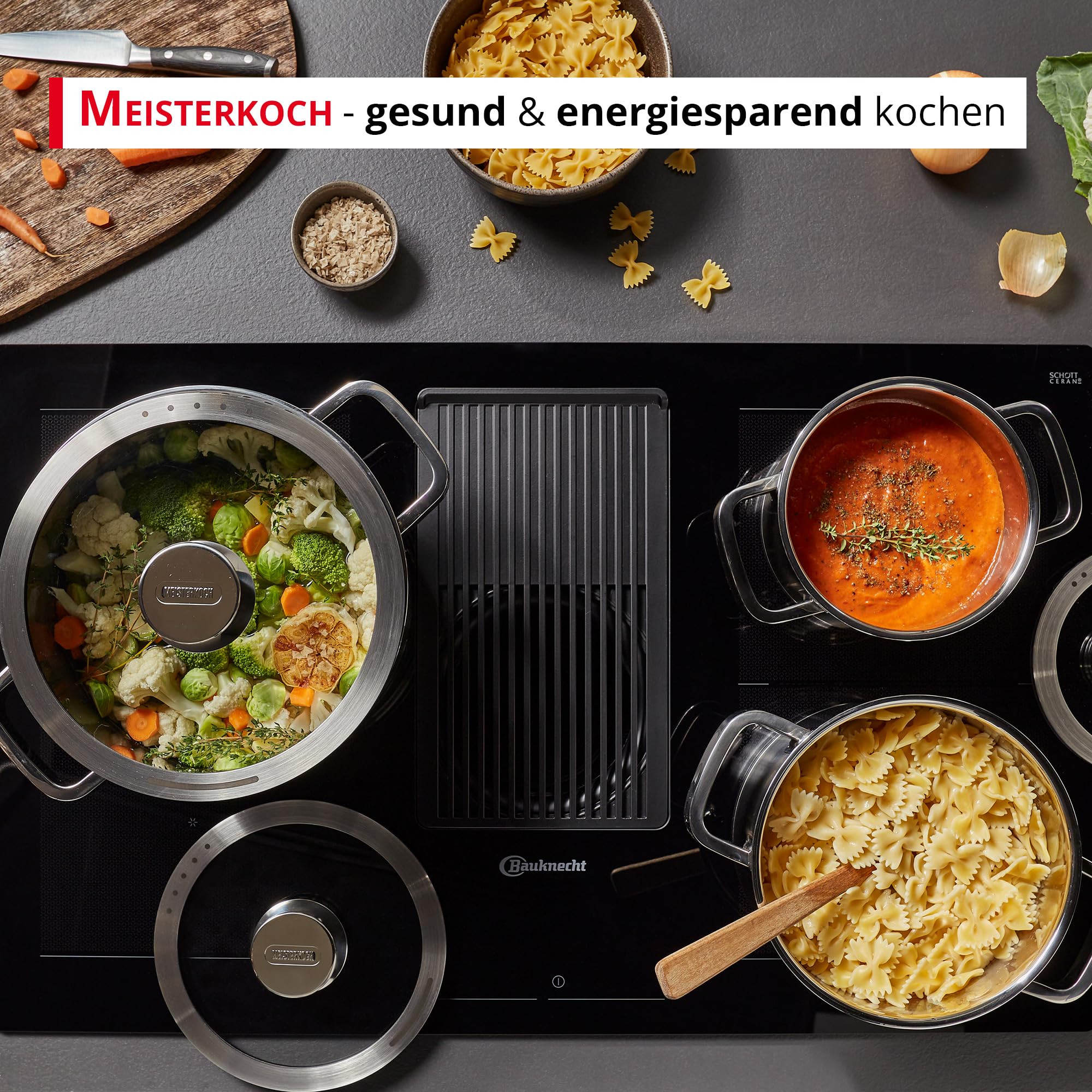 Meisterkoch Topfset Induktion Edelstahl Kochtopfset 3-teilig, Silikonring mit Sieb im Glasdeckel, Hitzeisolierende Griffe, Innenskala, spülmaschinengeeignet, für alle Herdarten