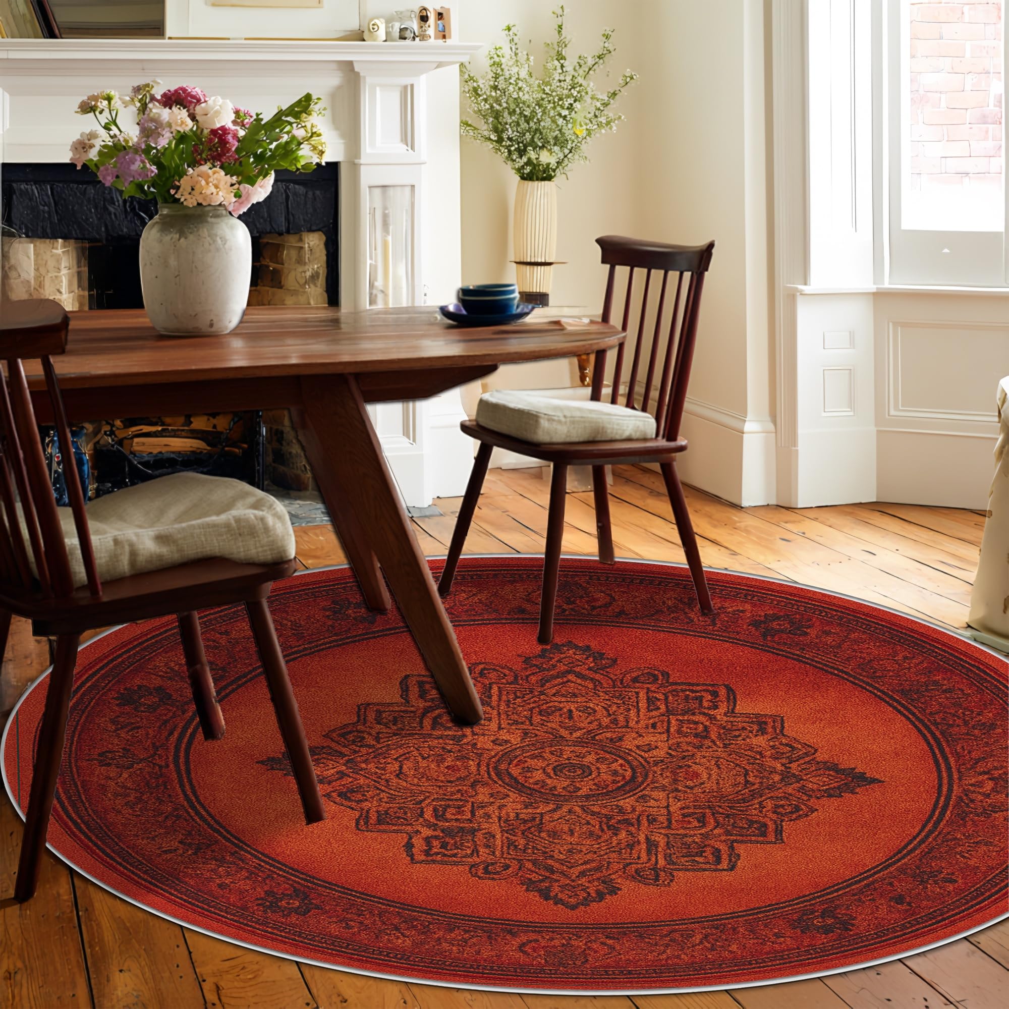Tapis mandala, style bohème vintage à ornement floral, terre cuite, envers antidérapant, pour salon, chambre à coucher, nouvelle maison, salle à manger, 1,8 x 1,8 m