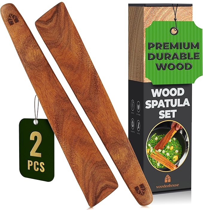 12 inch Teak Wooden Spatula for Cooking 2 Pcs - Strong & Durable with Comfortable Handle - Wood Spatula Set for Cast Iron & Non Stick - Spatulas for Kitchen Use, For Flipping, Scraping Eggs, Turning