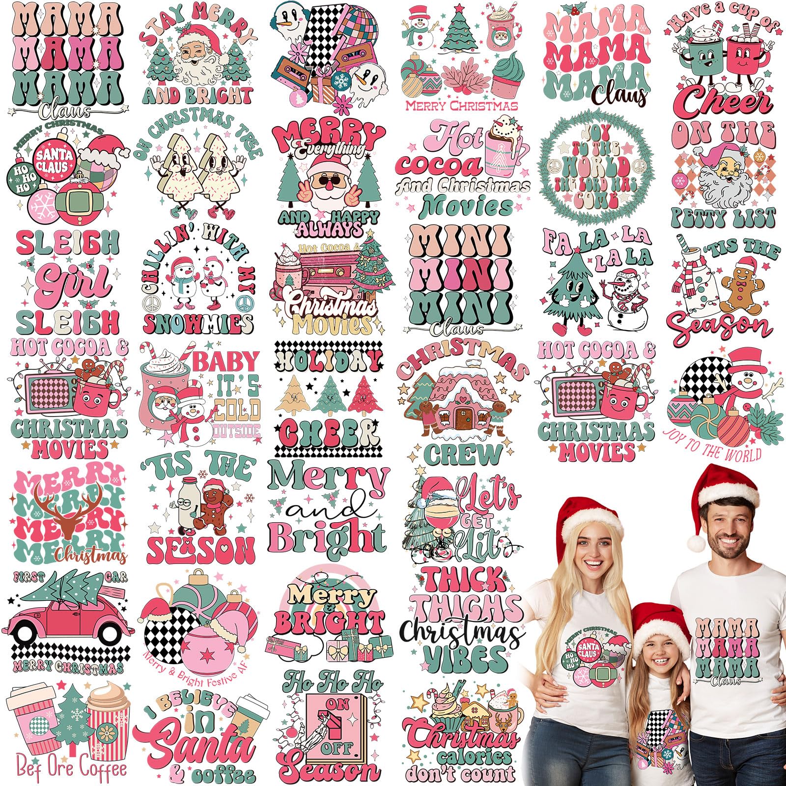 TecUnite 30 Stück rosa Weihnachts-Bügelbilder, Retro-Weihnachten, zum Aufbügeln auf Weihnachten, Vinyl-Aufkleber, DIY, Bügelapplikationen, HTV für T-Shirts, Kleidung, Hüte, Kissen, Dekoration