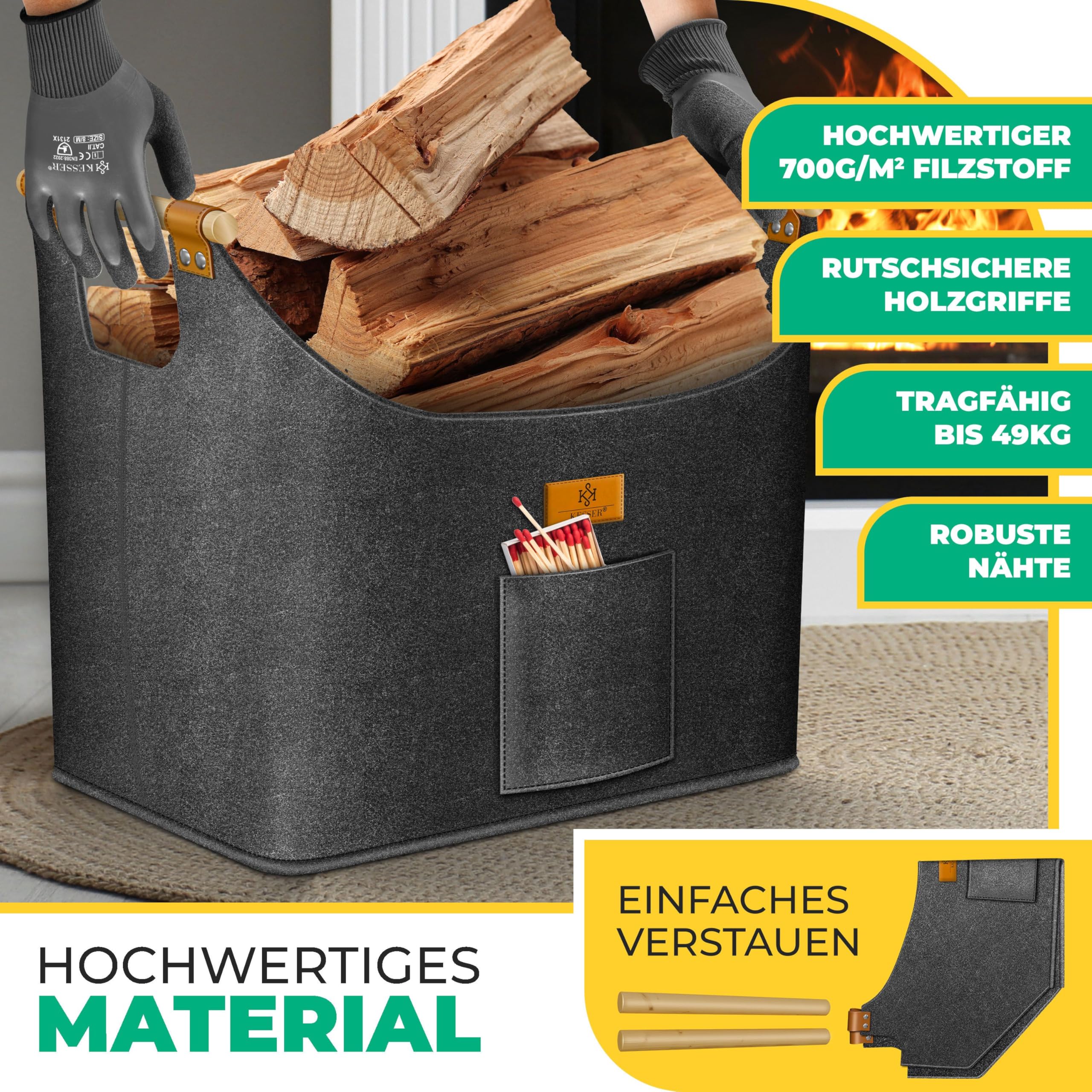 KESSER® Cesta plegable con asas de madera reforzadas, para leña de 60 litros, bolsa de fieltro extra grueso, almacenamiento periódico o madera
