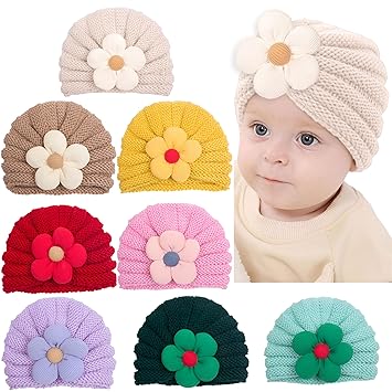 BEMBIKA Baby Winter Cap - Essential Girls' Woolen Beanie Caps (Flower Knitted OffWhite) - image, photos