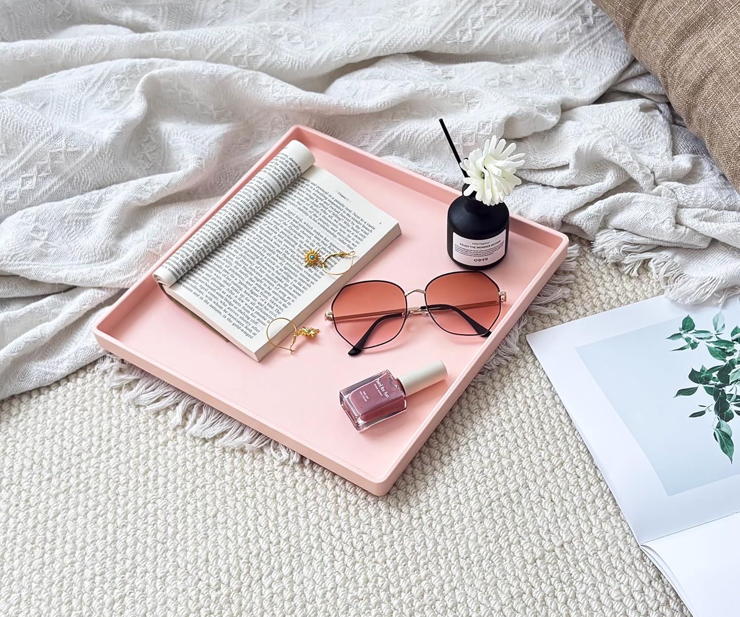 Pink Square Tray - 11 Inch Decorative Organizer Tray for Vanity, Bathroom Countertop, Coffee Table & Ottoman | Multi-Purpose Serving, Makeup, Jewelry, & Catch-All Tray for Home Decor